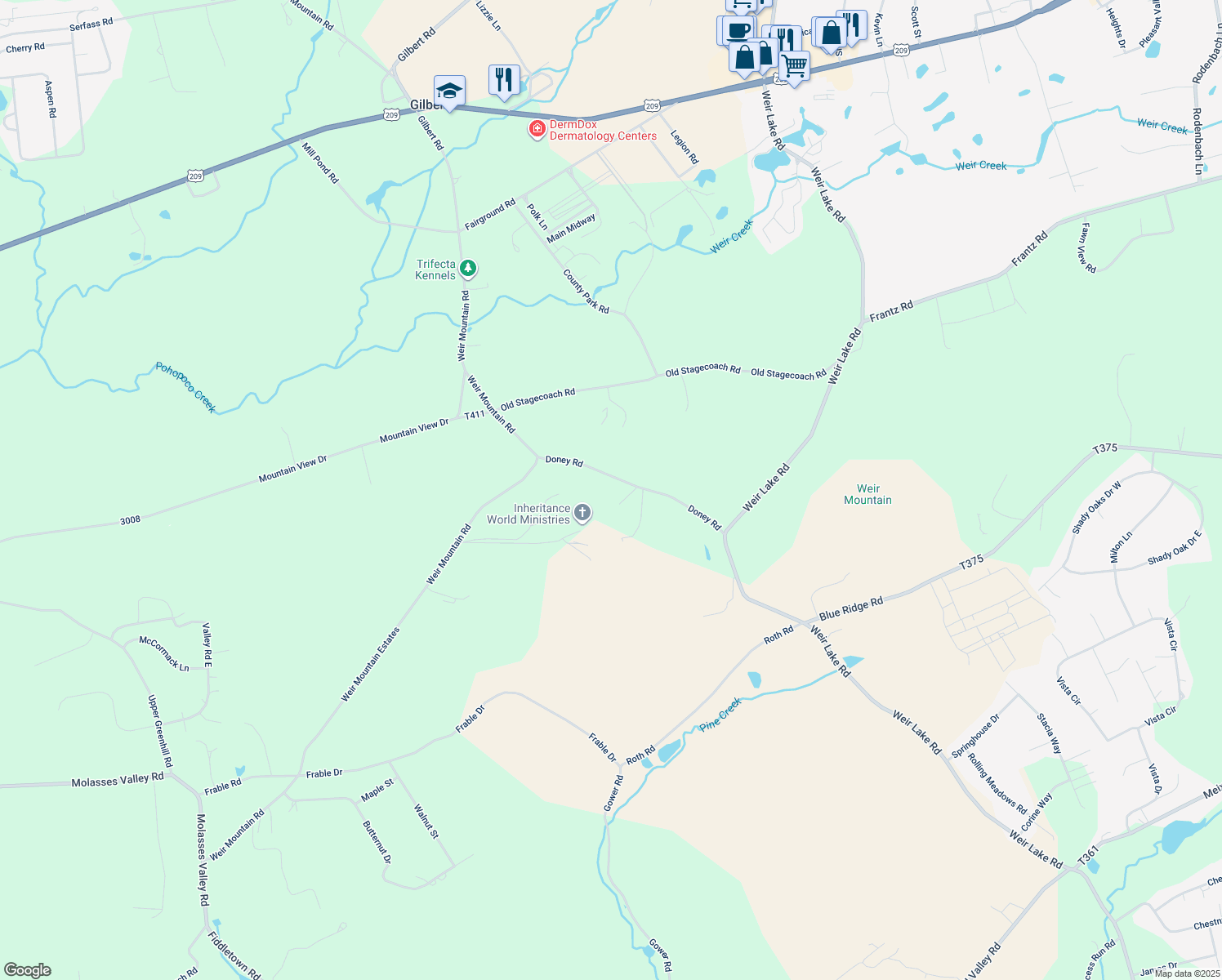 map of restaurants, bars, coffee shops, grocery stores, and more near 161 Doney Road in Kunkletown