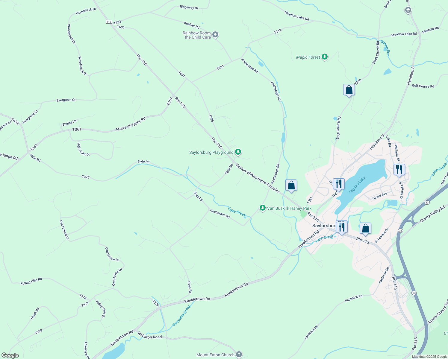 map of restaurants, bars, coffee shops, grocery stores, and more near 137 Flyte Road in Saylorsburg