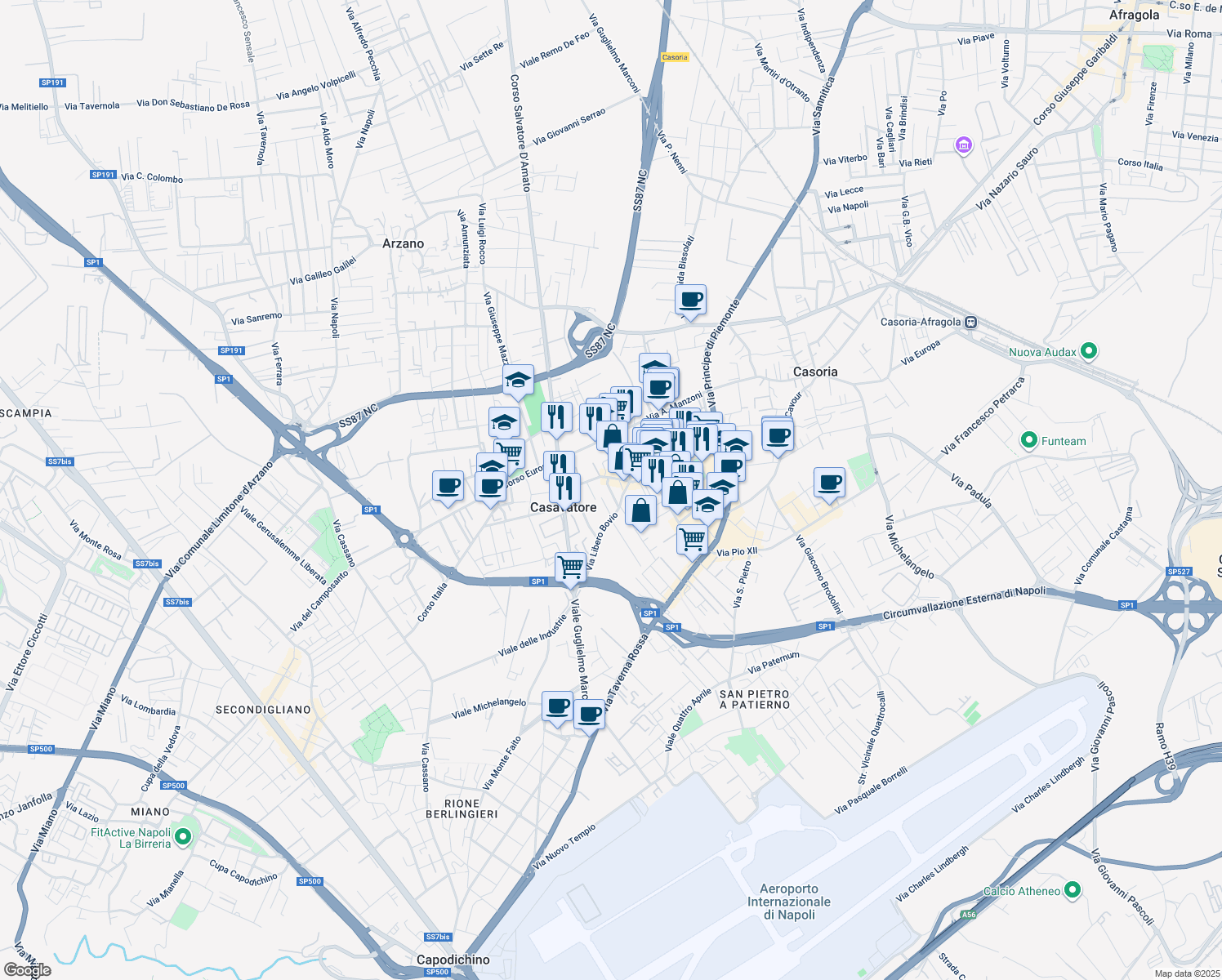 map of restaurants, bars, coffee shops, grocery stores, and more near 18-20 Via Luisa Sanfelice in Casavatore