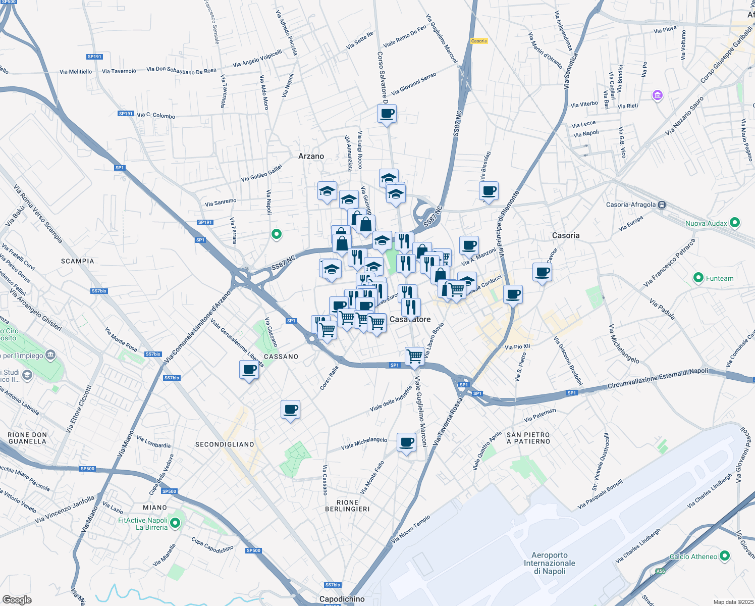 map of restaurants, bars, coffee shops, grocery stores, and more near Via Giovanni Esposito in Casavatore
