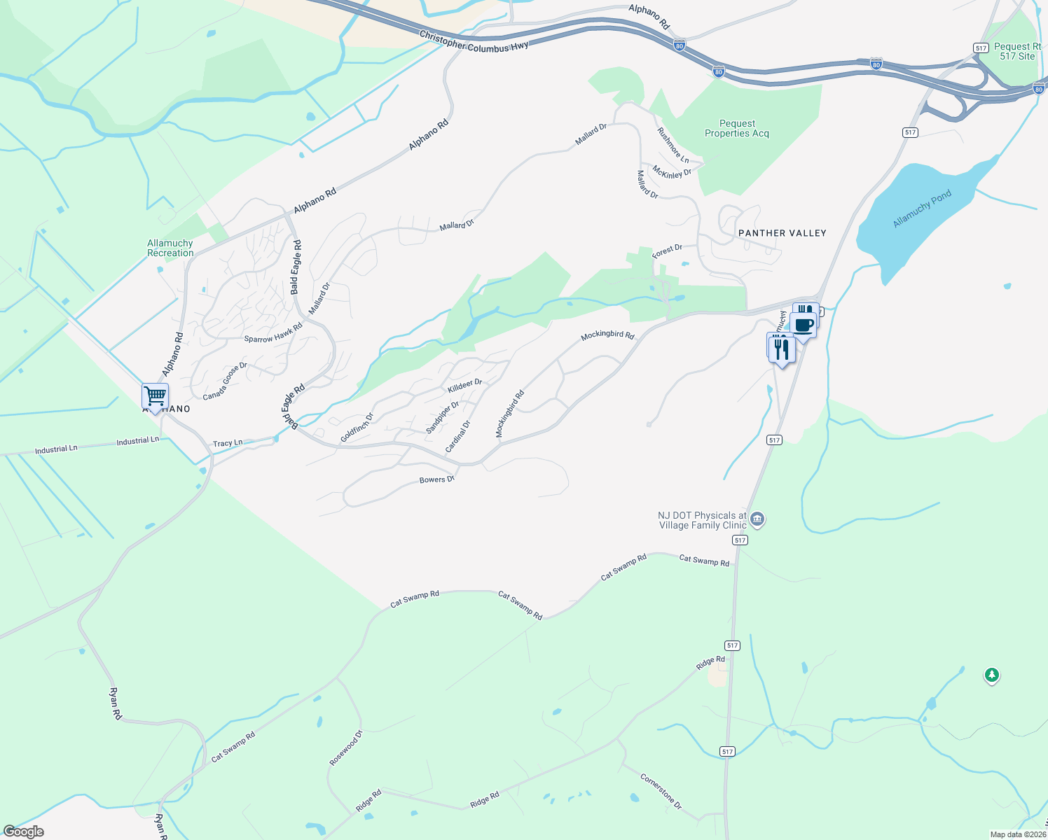 map of restaurants, bars, coffee shops, grocery stores, and more near 12 House Wren Road in Hackettstown