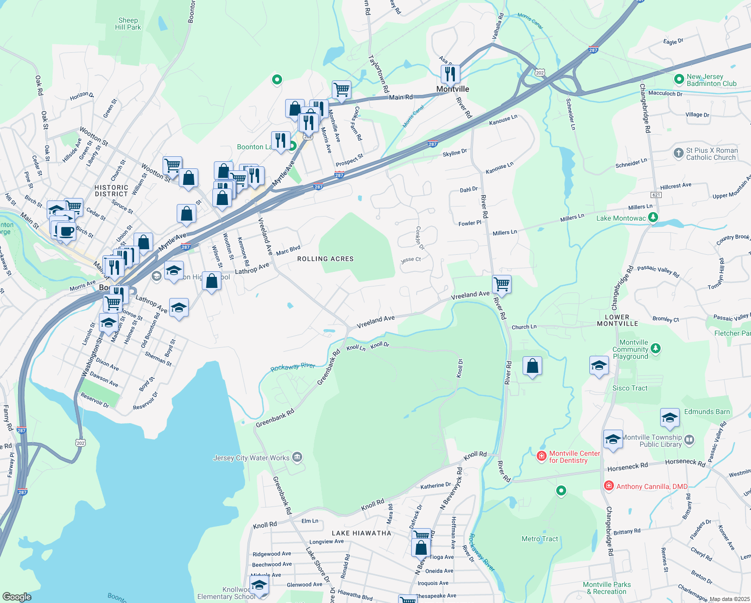 map of restaurants, bars, coffee shops, grocery stores, and more near 28 Brookside Lane in Boonton