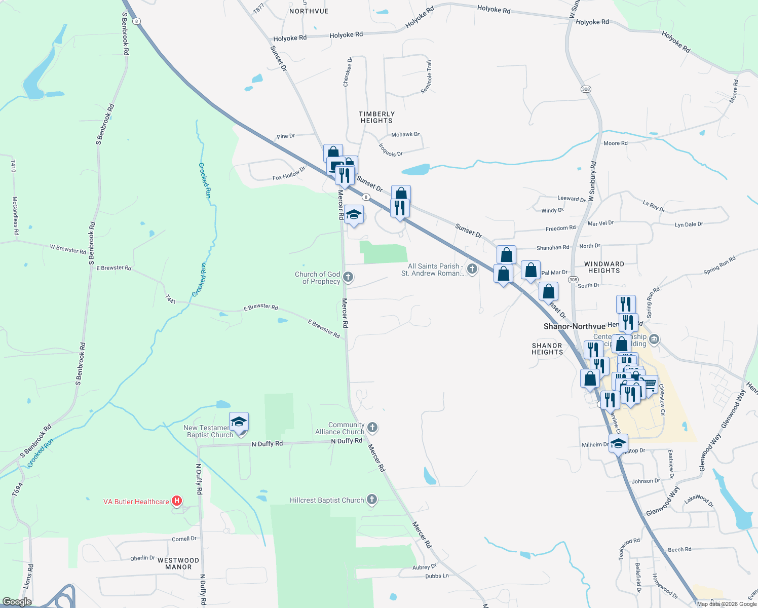 map of restaurants, bars, coffee shops, grocery stores, and more near 116 Margate Drive in Butler