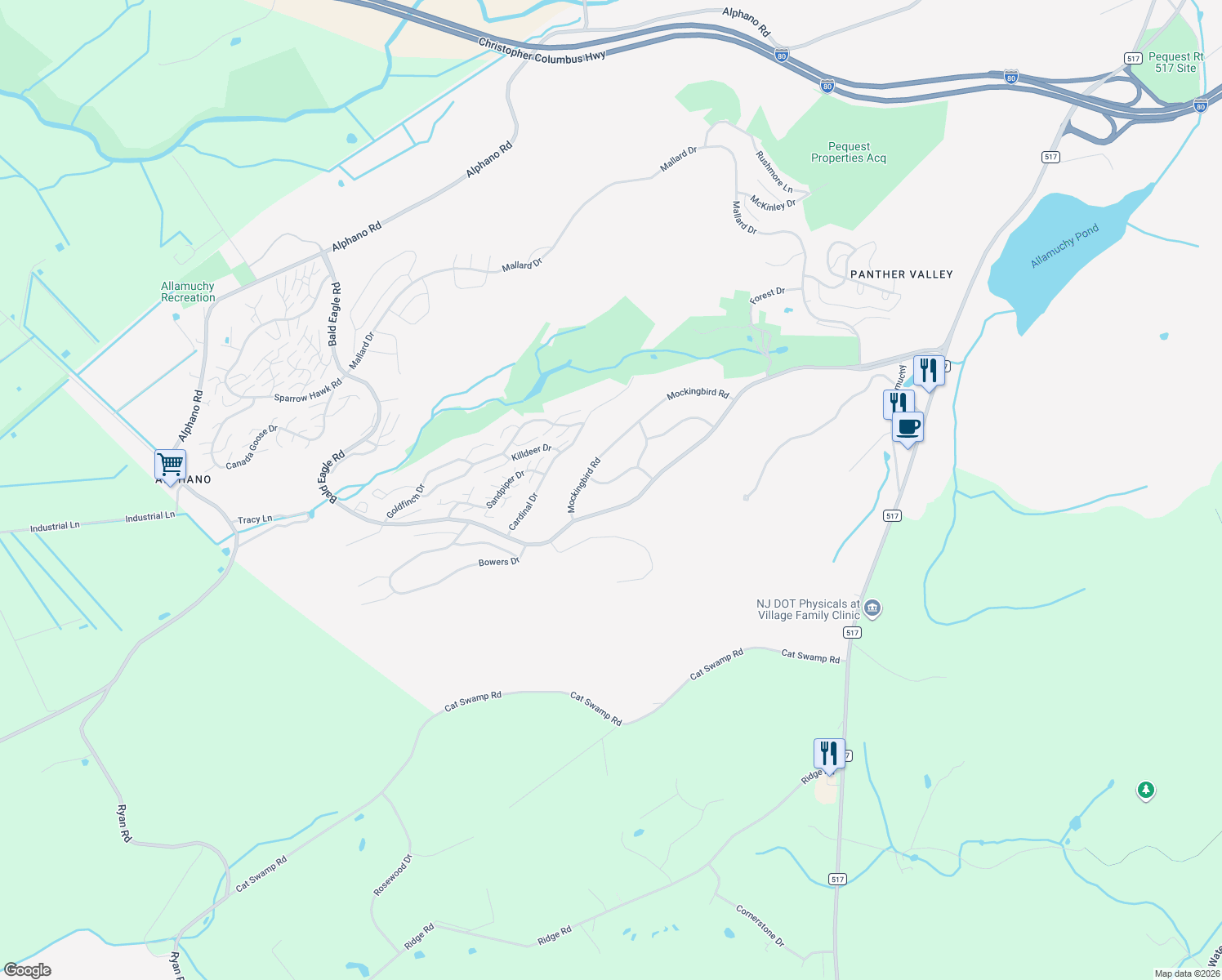 map of restaurants, bars, coffee shops, grocery stores, and more near 12 House Wren Road in Hackettstown