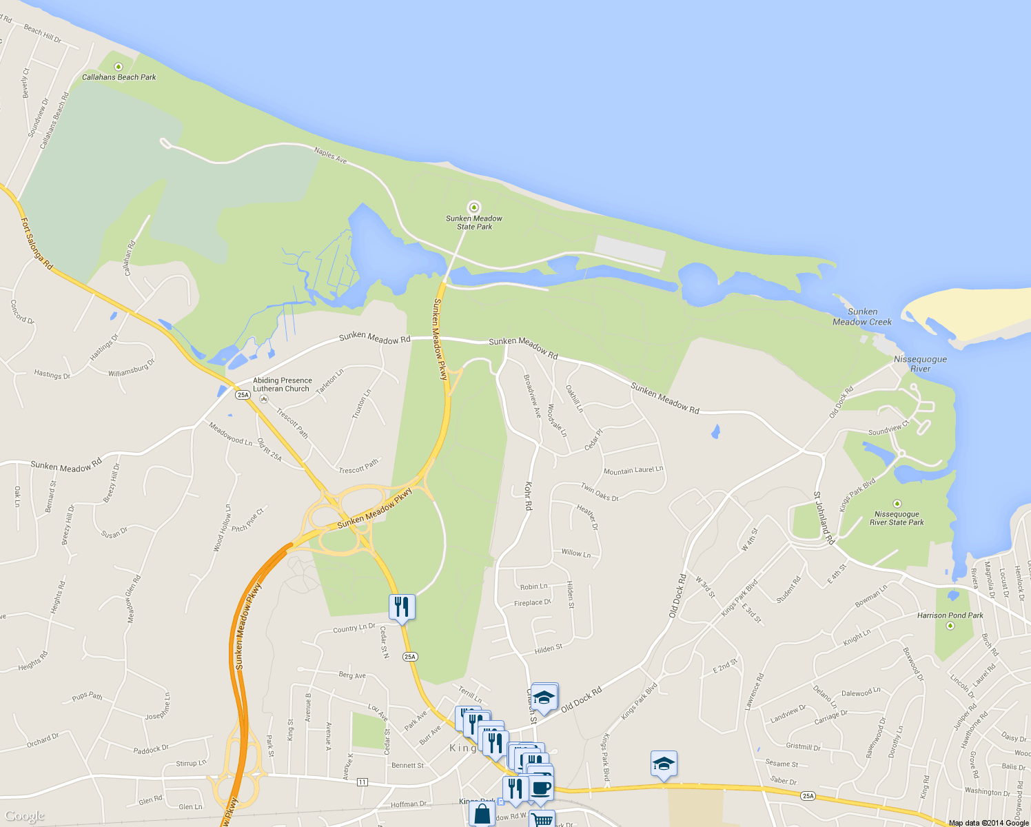 map of restaurants, bars, coffee shops, grocery stores, and more near 275 Kohr Road in Kings Park