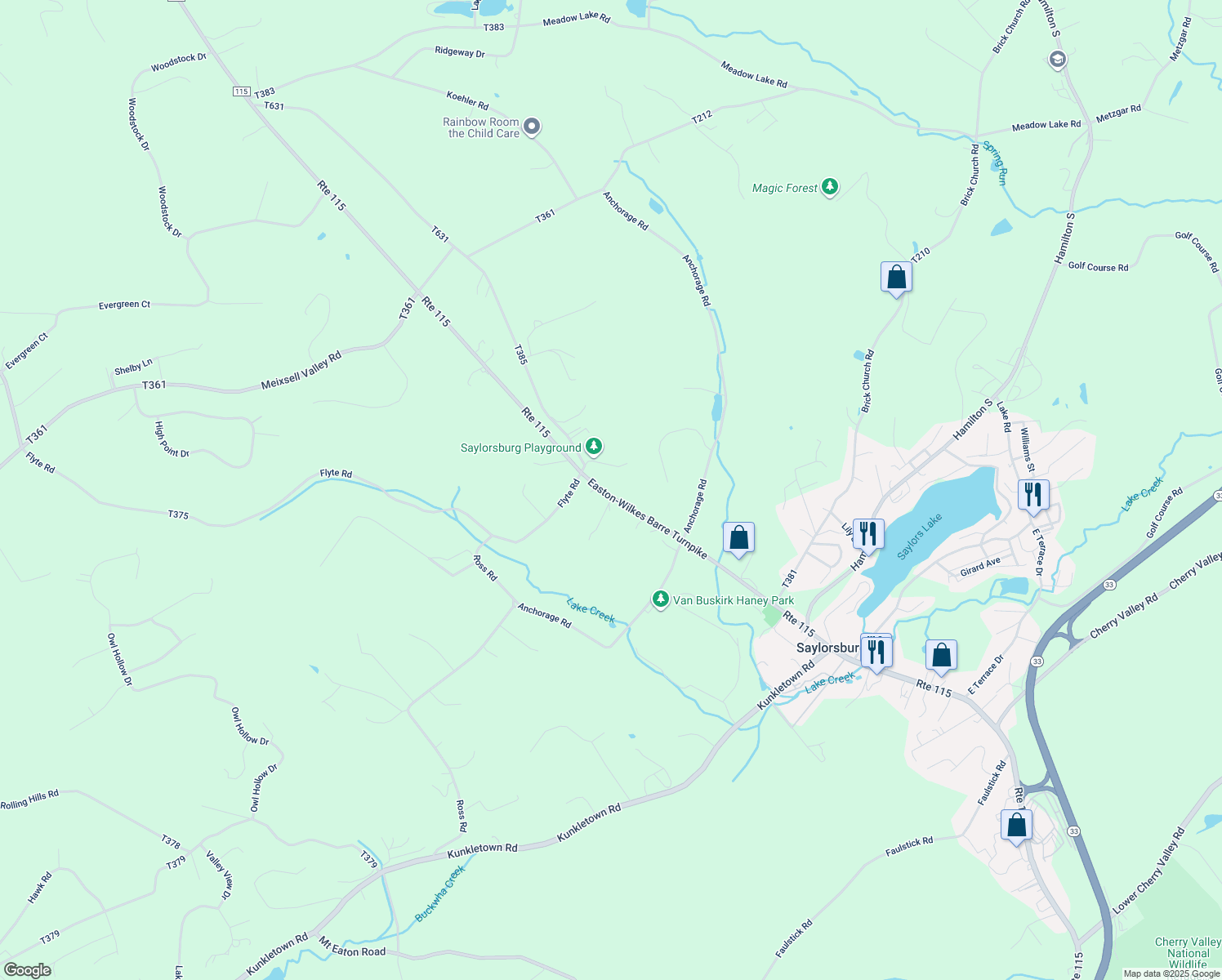 map of restaurants, bars, coffee shops, grocery stores, and more near 1018 Route 115 in Saylorsburg