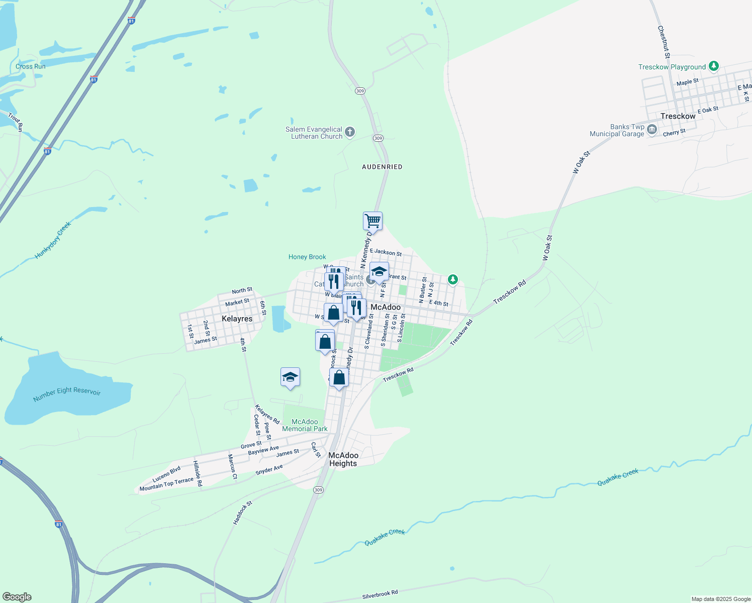 map of restaurants, bars, coffee shops, grocery stores, and more near 117 East Blaine Street in McAdoo