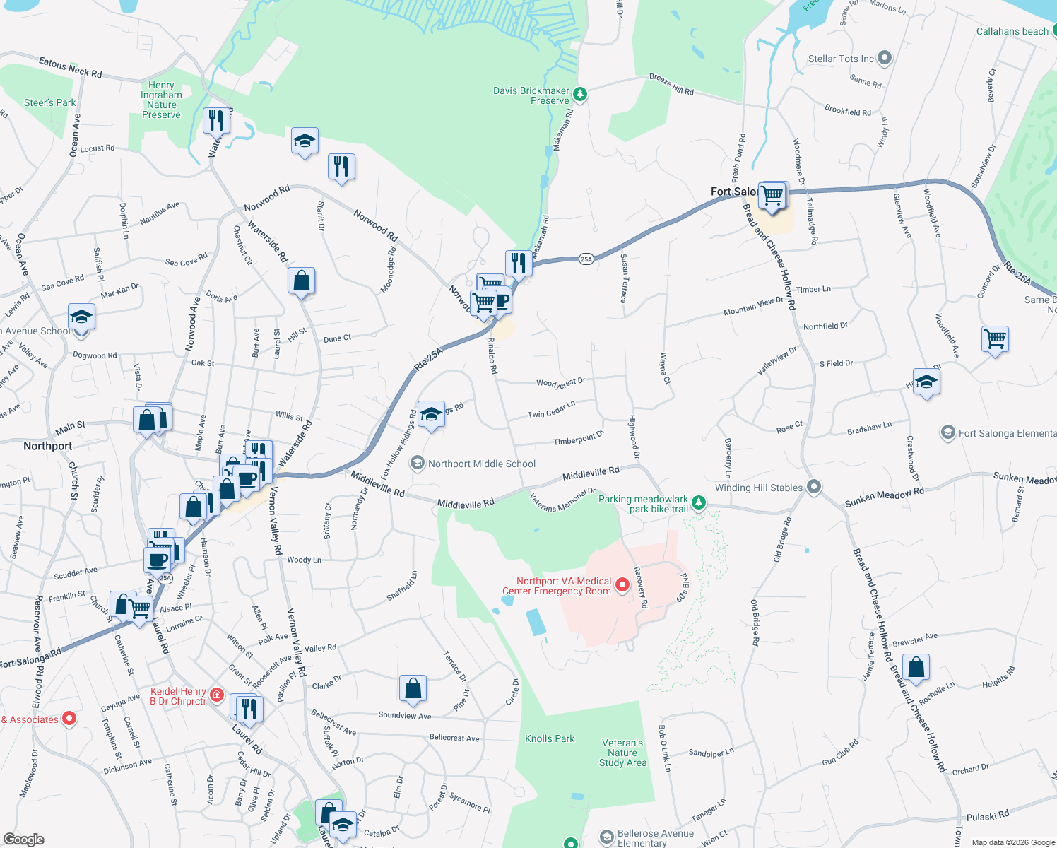 map of restaurants, bars, coffee shops, grocery stores, and more near 8 Twin Cedar Lane in Northport