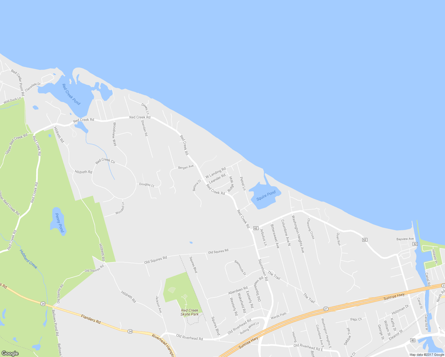 map of restaurants, bars, coffee shops, grocery stores, and more near 12 Leander Road in Hampton Bays