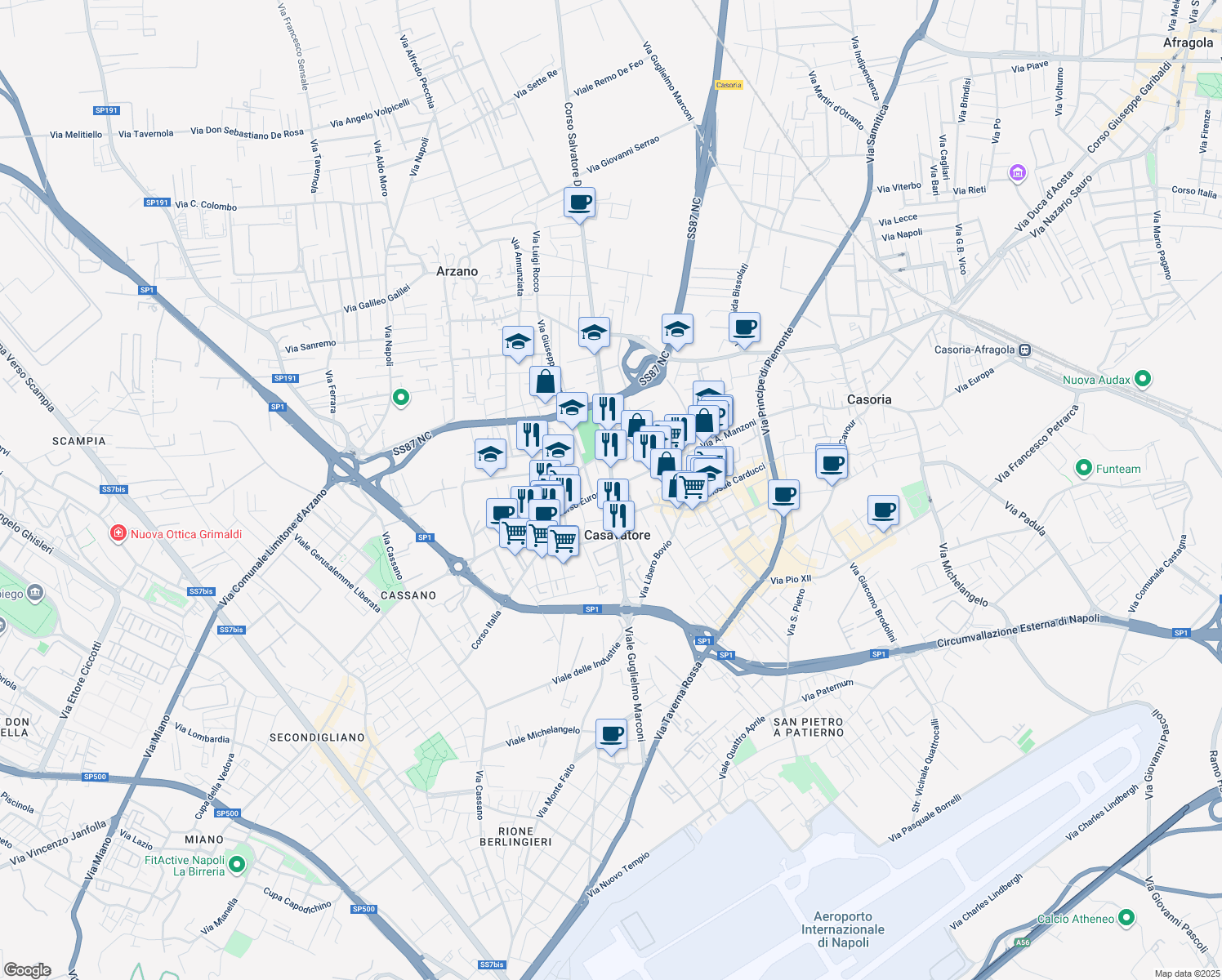 map of restaurants, bars, coffee shops, grocery stores, and more near 1 Corso Europa in Casavatore