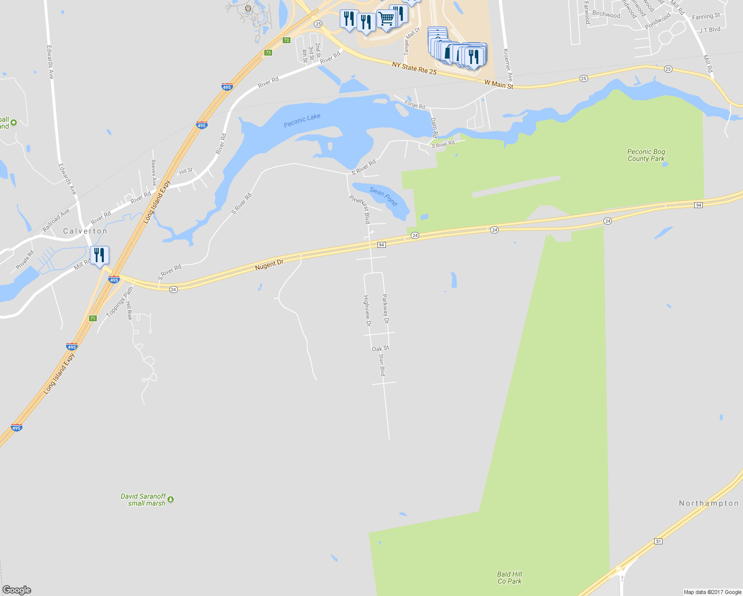 map of restaurants, bars, coffee shops, grocery stores, and more near 235 Highview Drive in Calverton