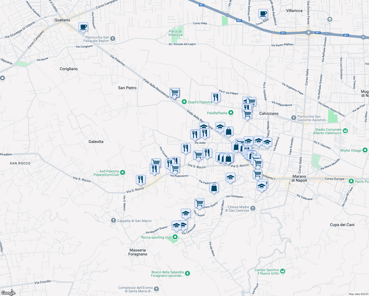map of restaurants, bars, coffee shops, grocery stores, and more near 31 Via Giordano Bruno in Marano di Napoli