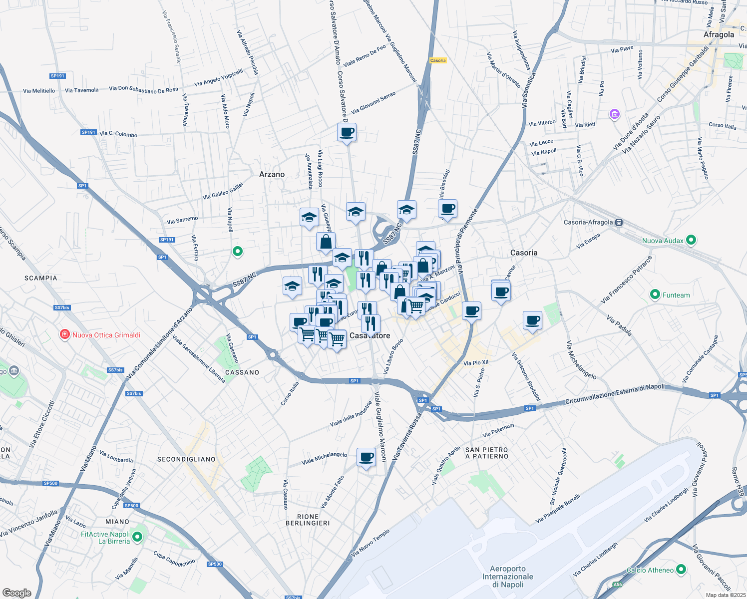 map of restaurants, bars, coffee shops, grocery stores, and more near 1 Corso Europa in Casavatore