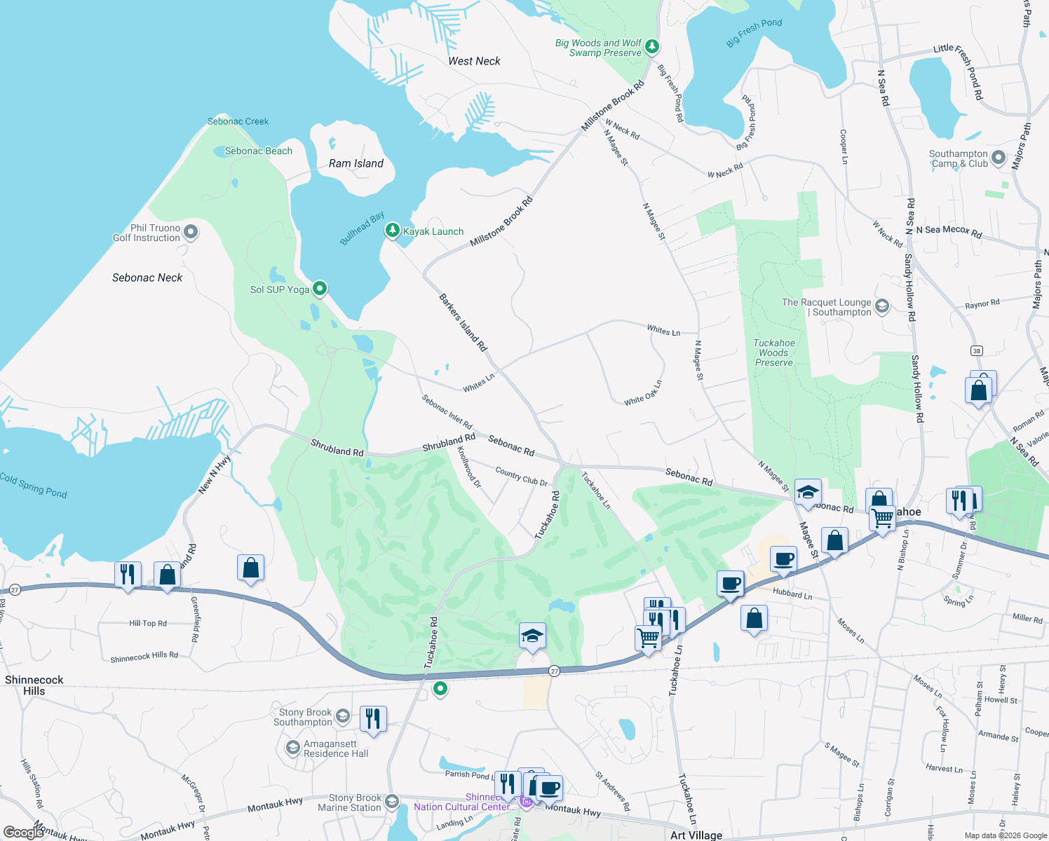 map of restaurants, bars, coffee shops, grocery stores, and more near 41 Barkers Island Road in Southampton