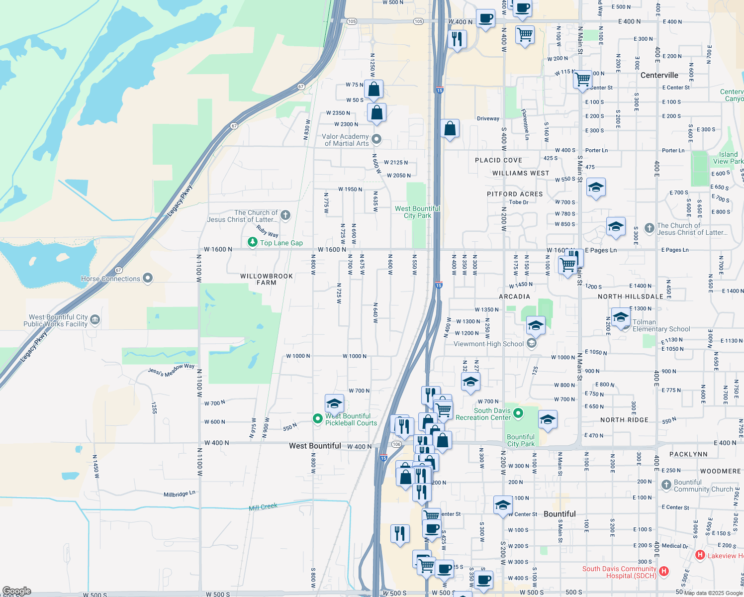 map of restaurants, bars, coffee shops, grocery stores, and more near 1335 N 640 W in West Bountiful