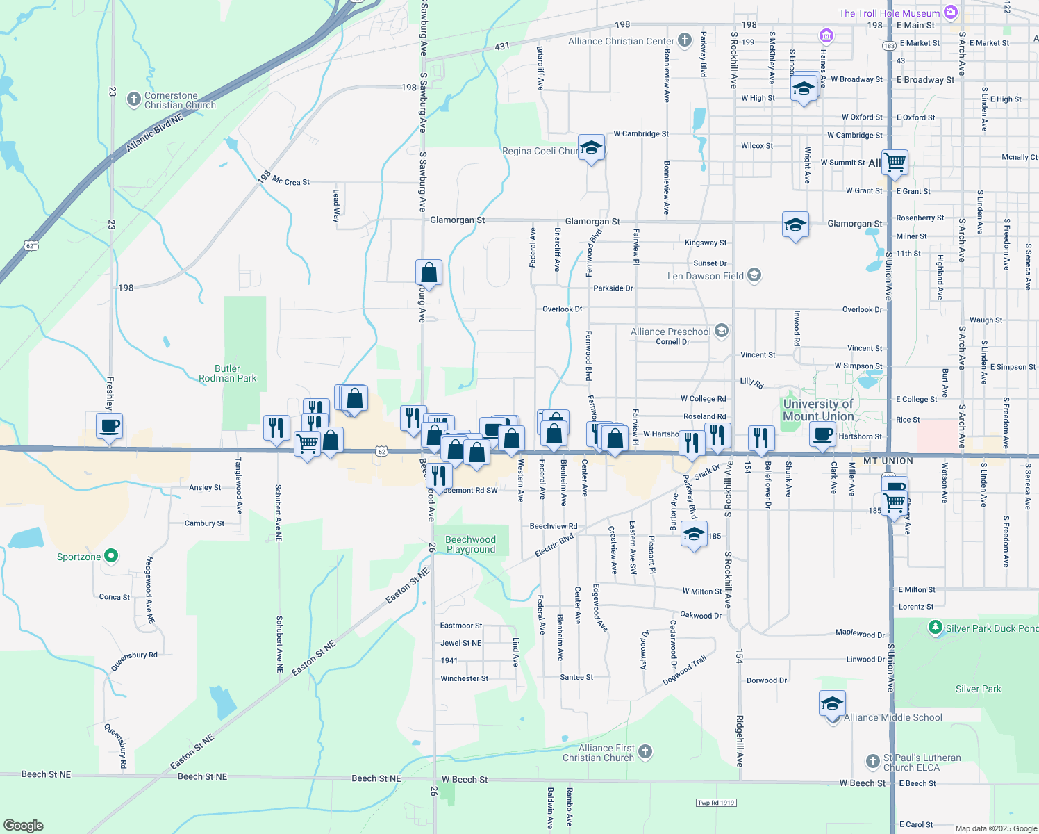 map of restaurants, bars, coffee shops, grocery stores, and more near 1856 Western Avenue in Alliance