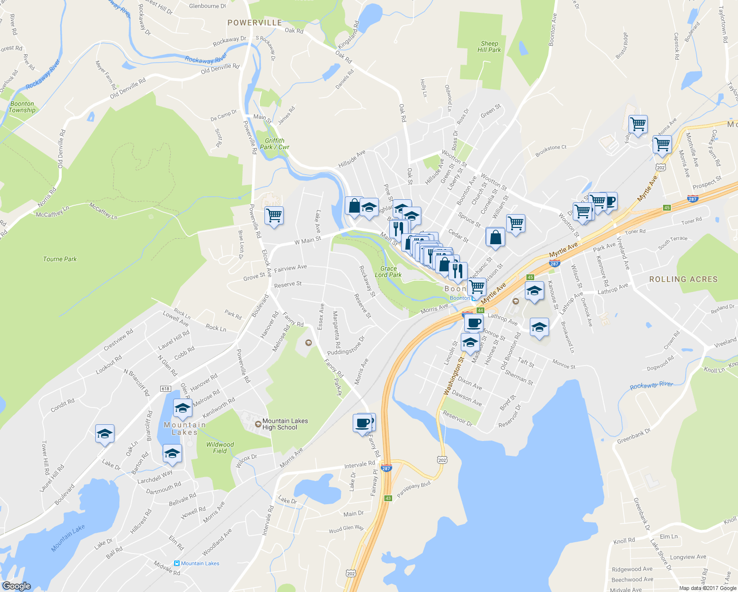 map of restaurants, bars, coffee shops, grocery stores, and more near 331 Rockaway Street in Boonton