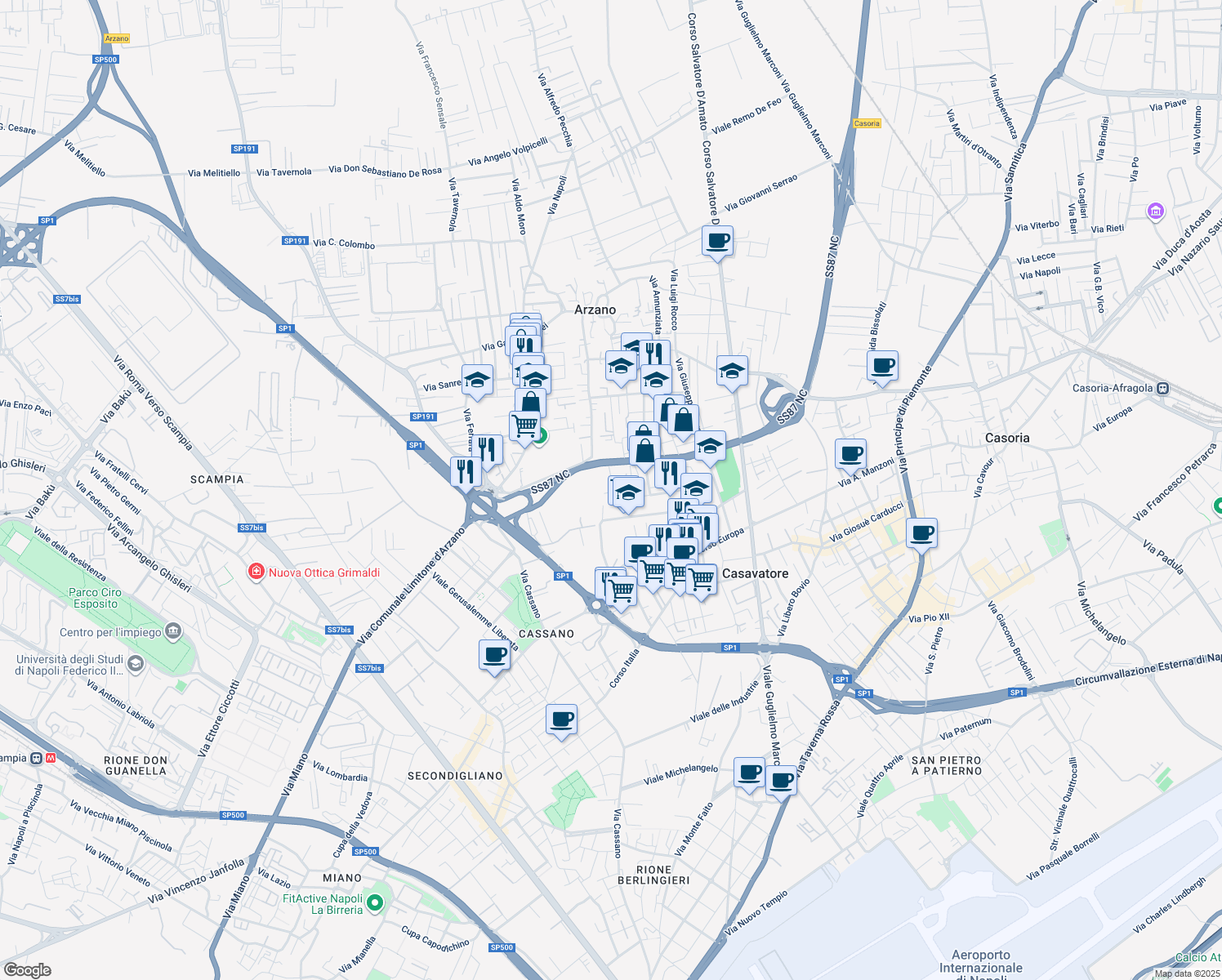 map of restaurants, bars, coffee shops, grocery stores, and more near 16 Piazza Immacolata in Casavatore