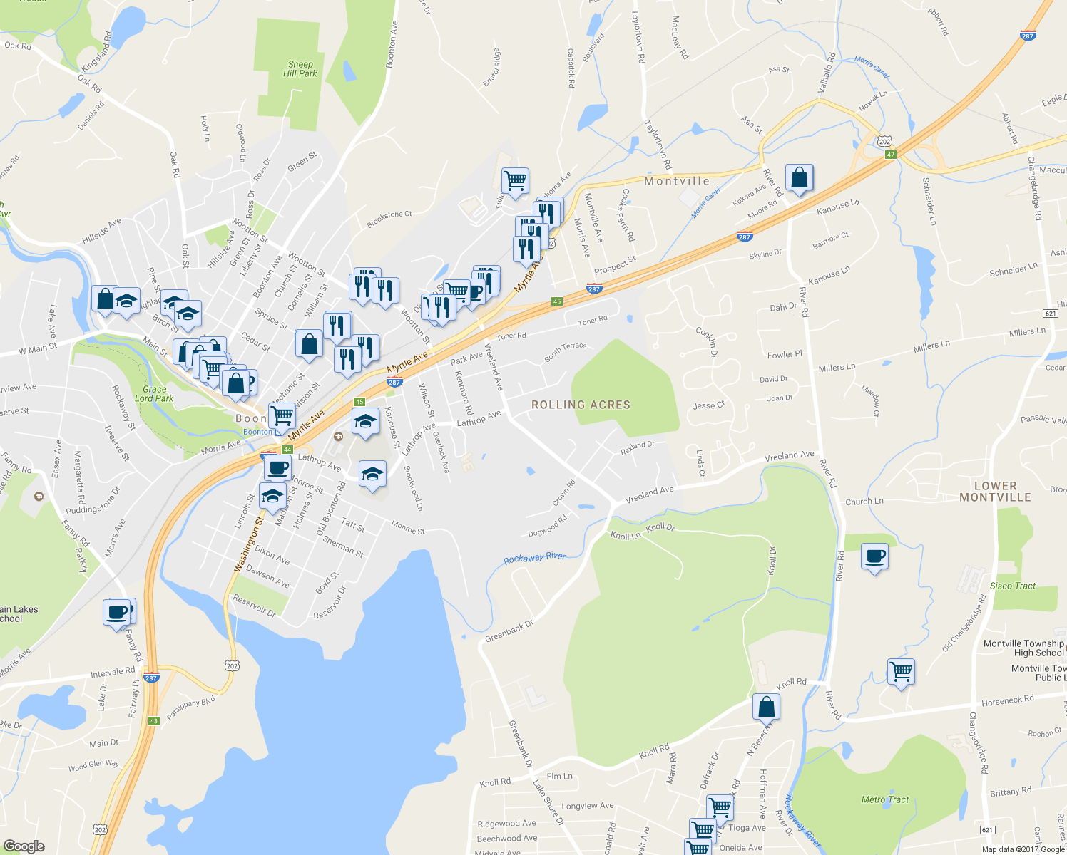 map of restaurants, bars, coffee shops, grocery stores, and more near 10 Jolie Court in Boonton