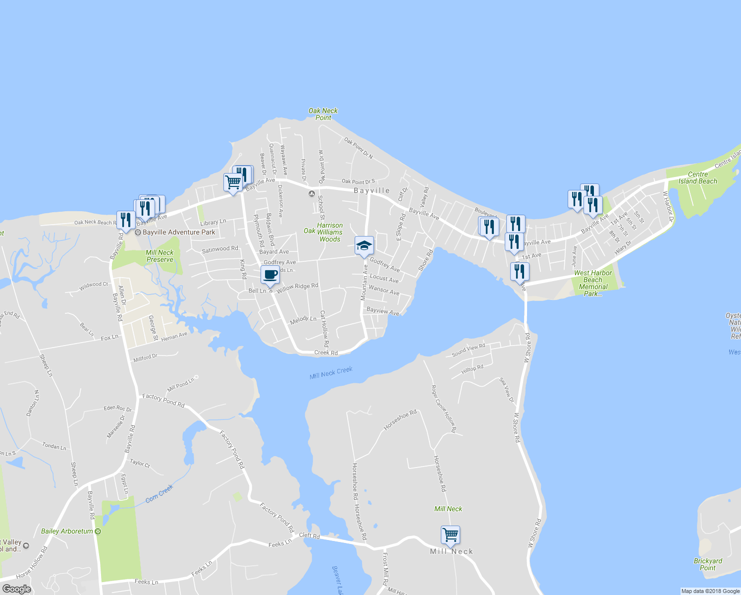 map of restaurants, bars, coffee shops, grocery stores, and more near 3 Ellison Street in Bayville