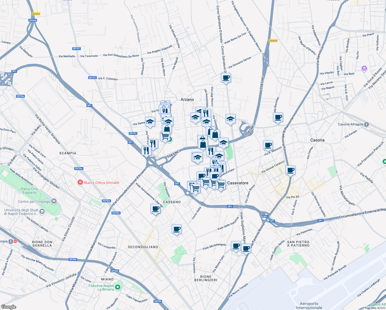 map of restaurants, bars, coffee shops, grocery stores, and more near 16 Piazza Immacolata in Casavatore