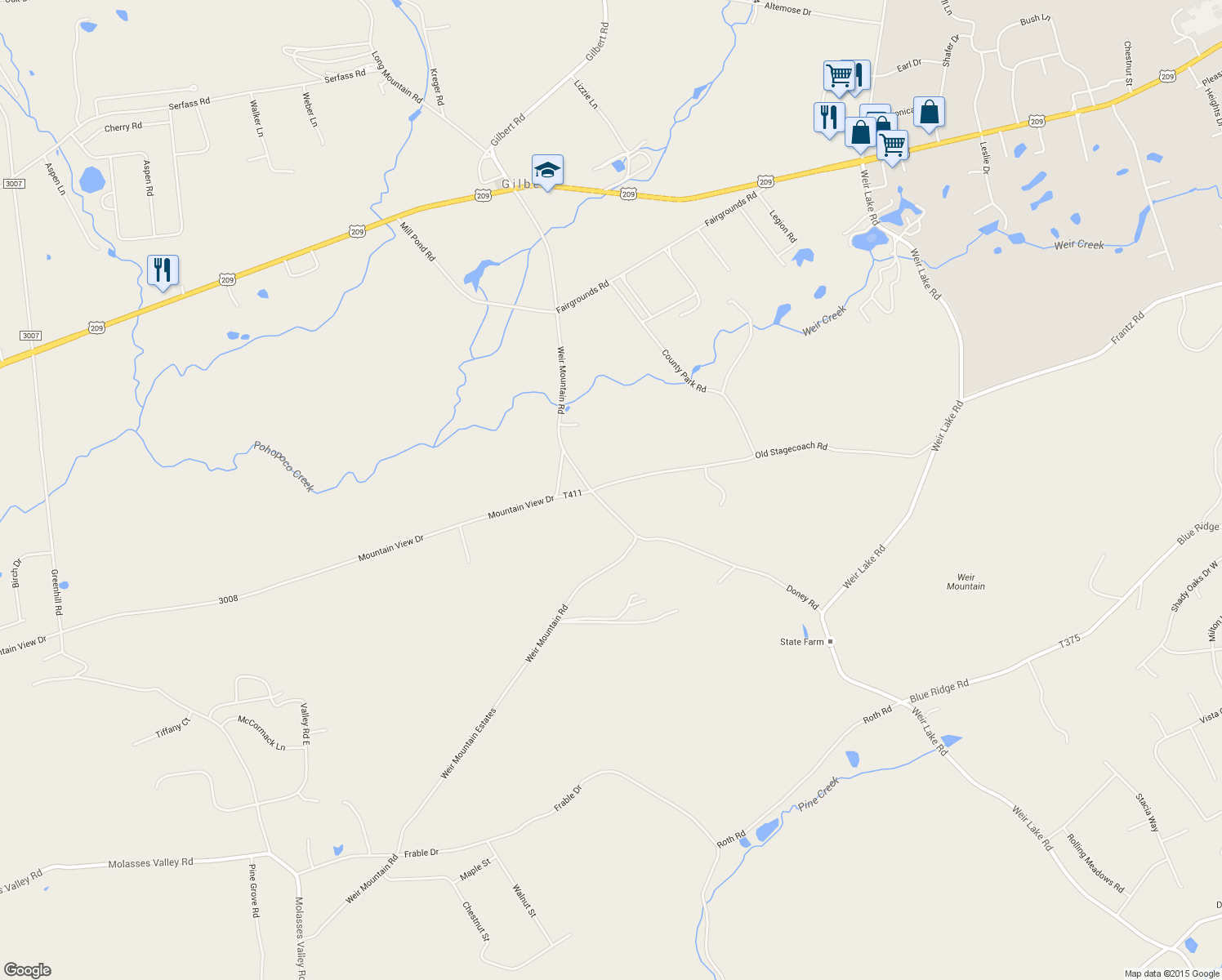 map of restaurants, bars, coffee shops, grocery stores, and more near Old Stagecoach Road in Kunkletown