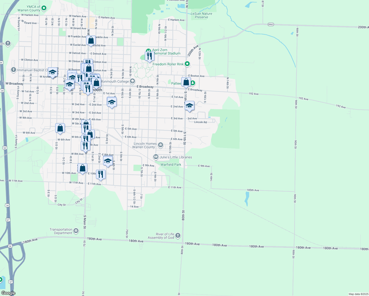 map of restaurants, bars, coffee shops, grocery stores, and more near 1133 East 7th Avenue in Monmouth