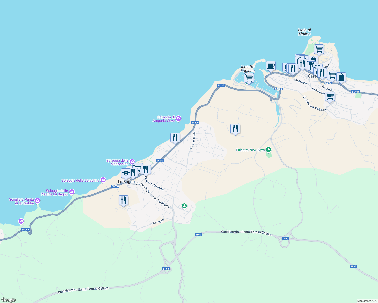 map of restaurants, bars, coffee shops, grocery stores, and more near 3434 Via Lombardia in Lu Bagnu