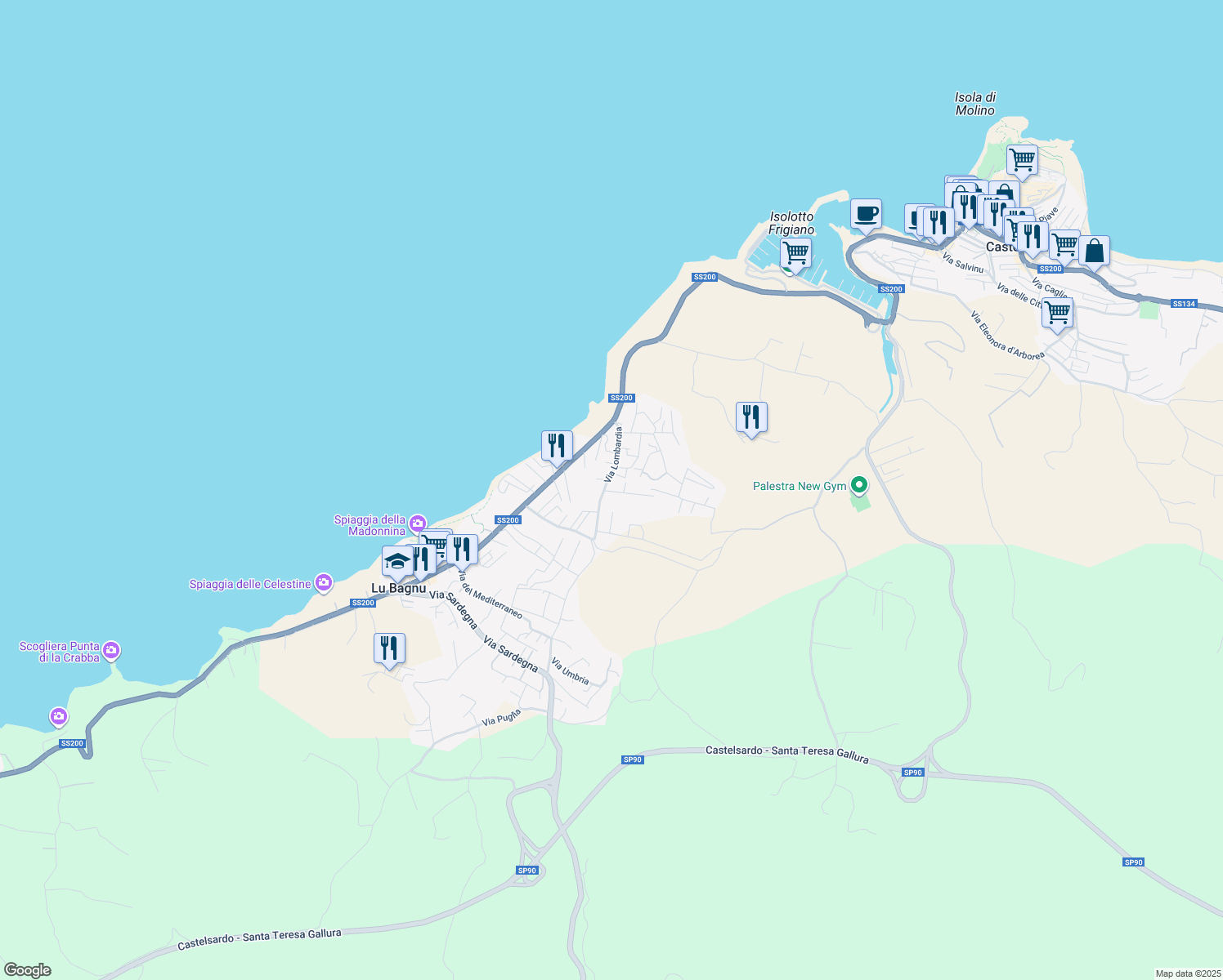 map of restaurants, bars, coffee shops, grocery stores, and more near 3434 Via Lombardia in Lu Bagnu
