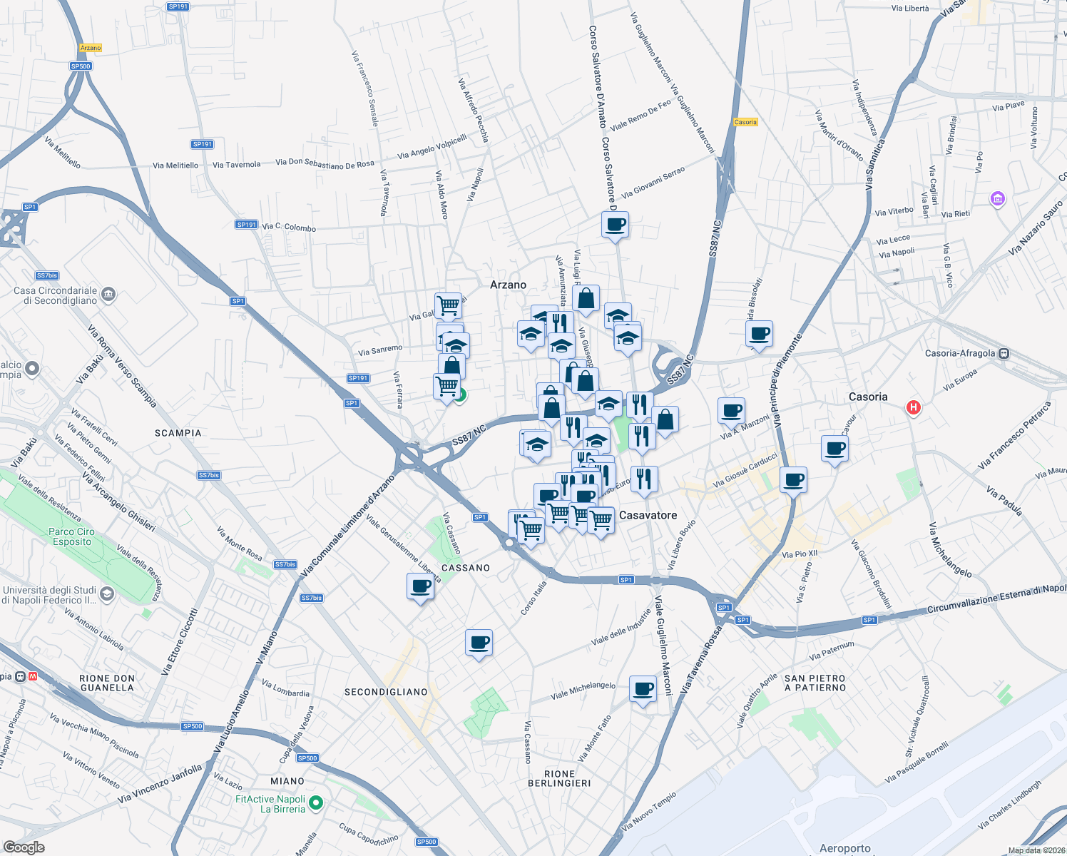 map of restaurants, bars, coffee shops, grocery stores, and more near 2B Via Gian Battista Vico in Casavatore