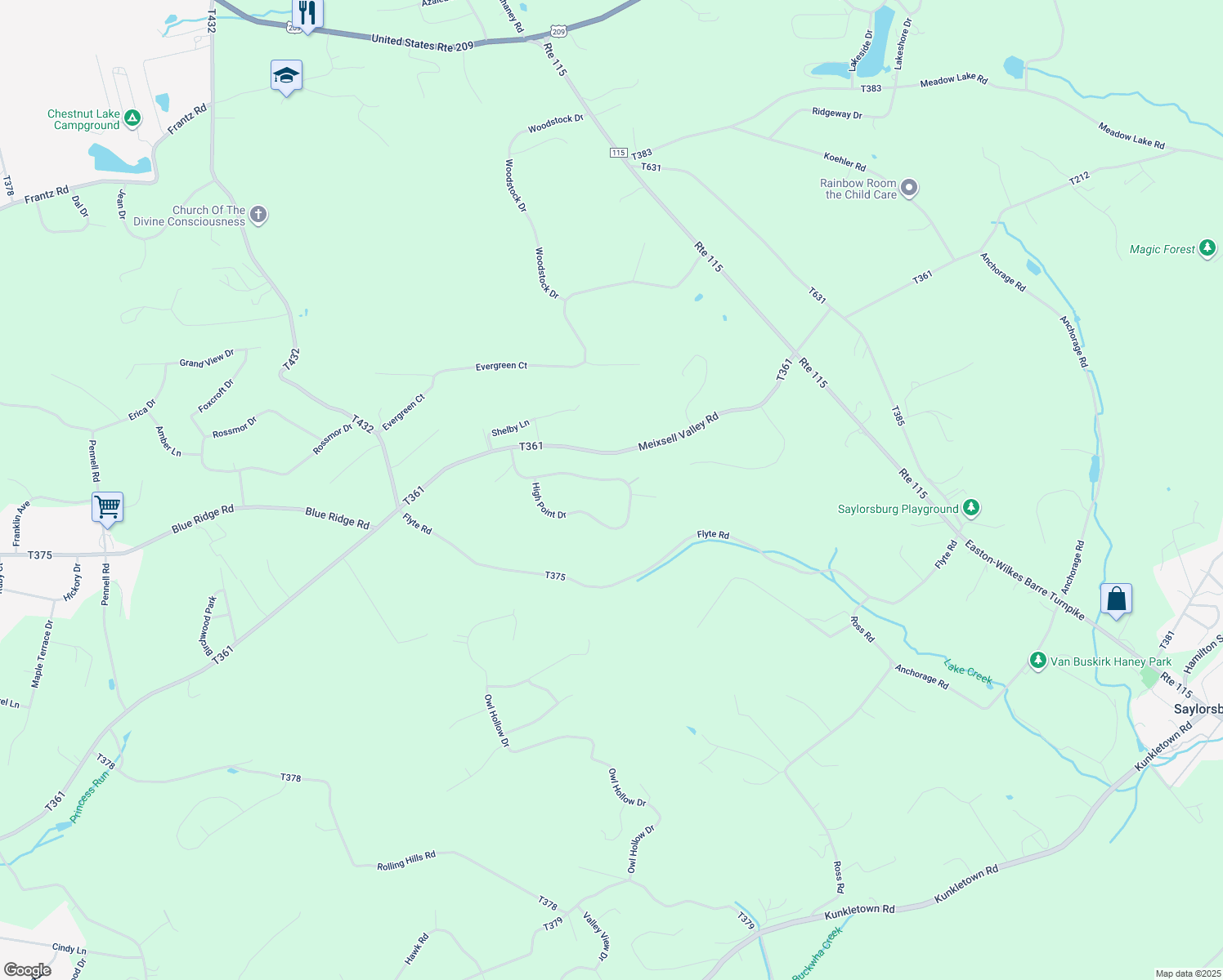 map of restaurants, bars, coffee shops, grocery stores, and more near 33 High Point Drive in Saylorsburg