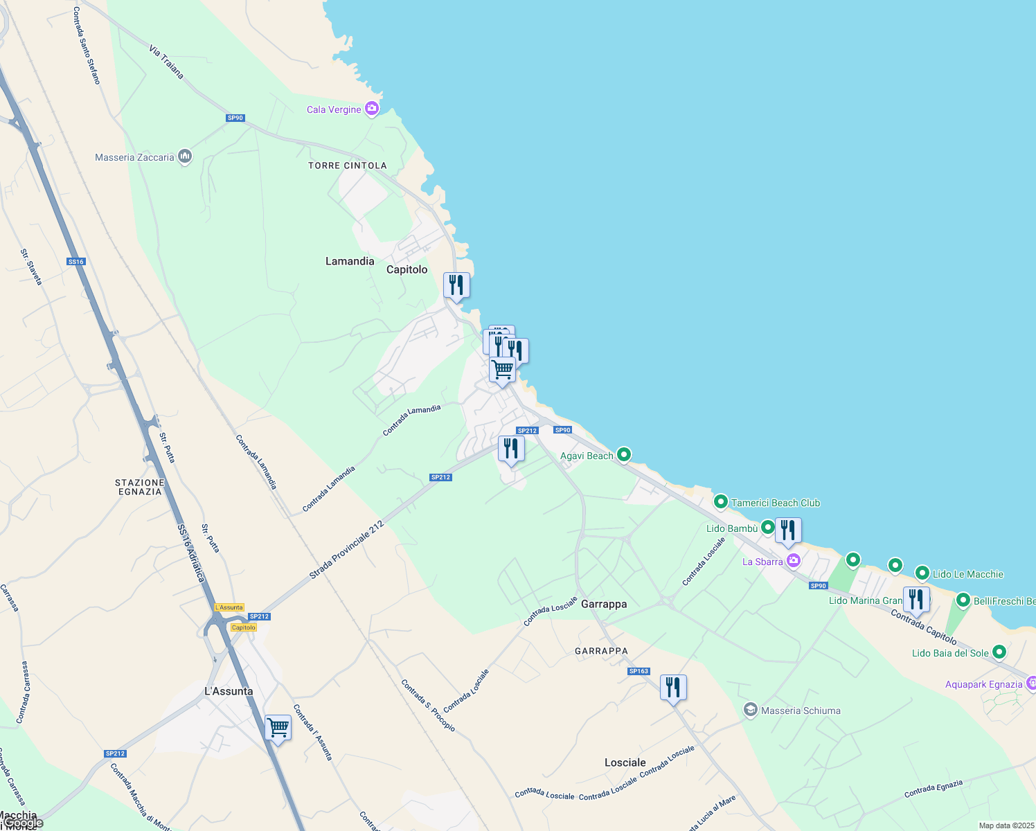 map of restaurants, bars, coffee shops, grocery stores, and more near 43B Contrada Capitolo in Capitolo