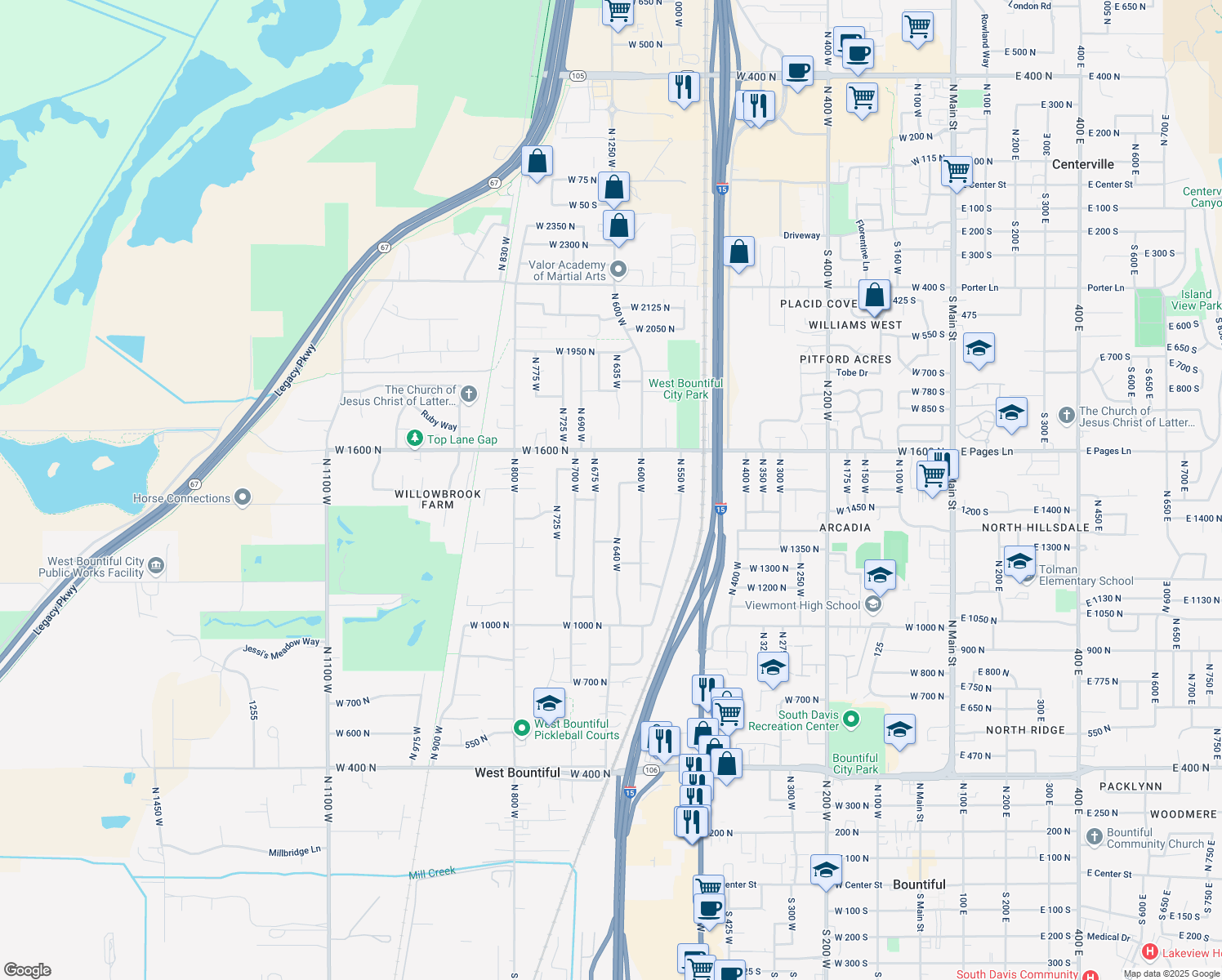 map of restaurants, bars, coffee shops, grocery stores, and more near 1485 N 640 W in West Bountiful