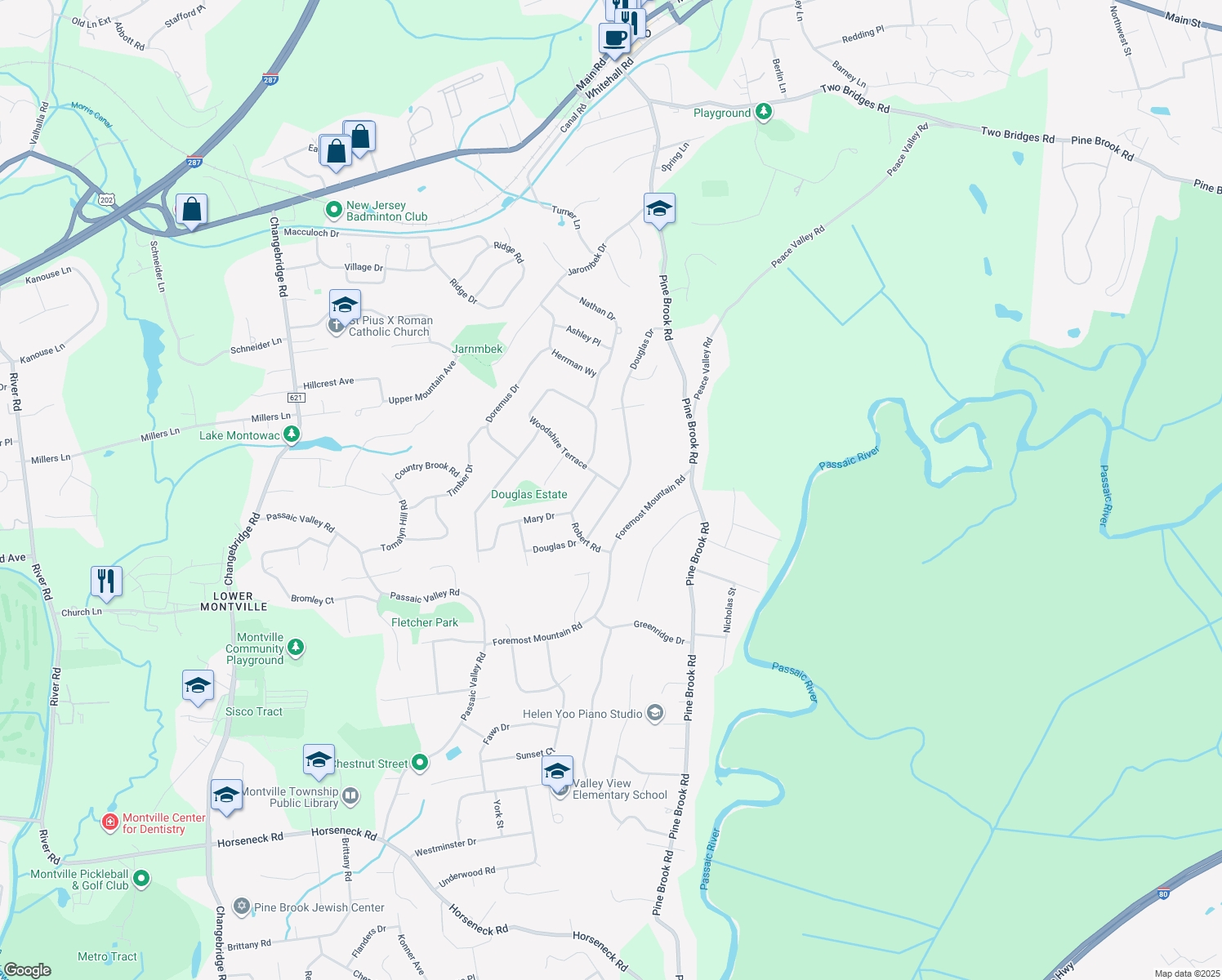 map of restaurants, bars, coffee shops, grocery stores, and more near 51 Douglas Drive in Montville