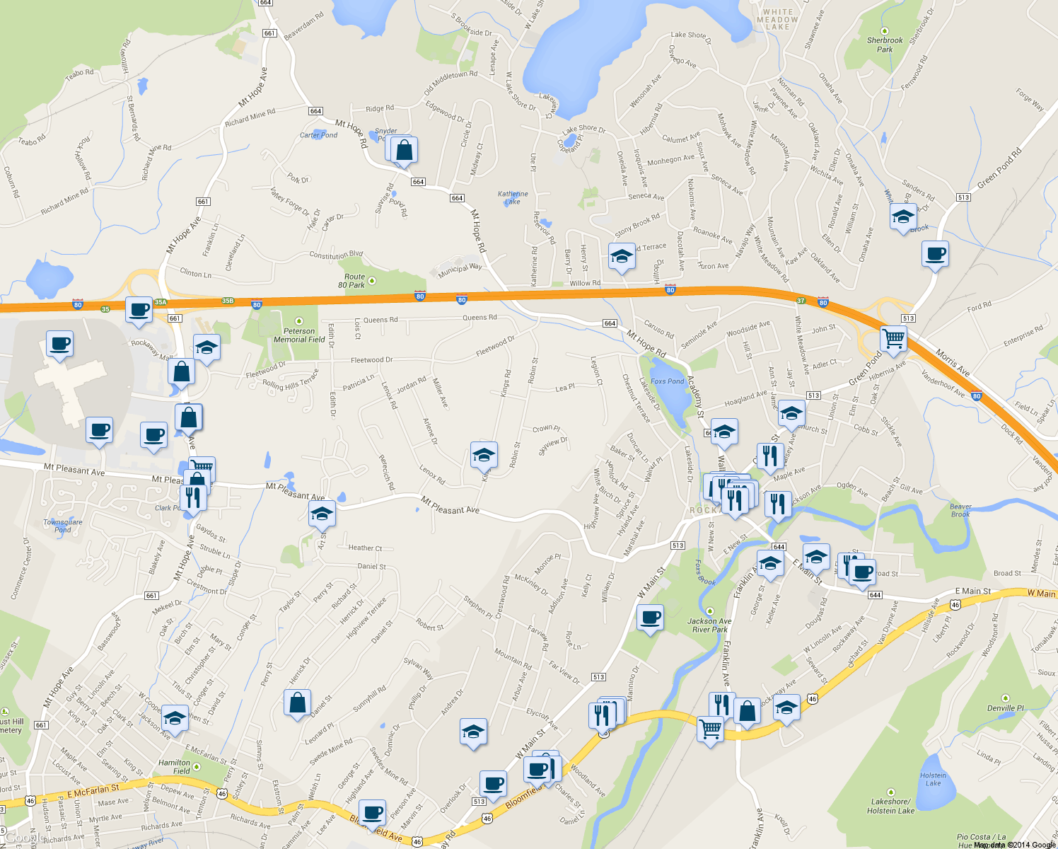 map of restaurants, bars, coffee shops, grocery stores, and more near 2 Crown Place in Rockaway