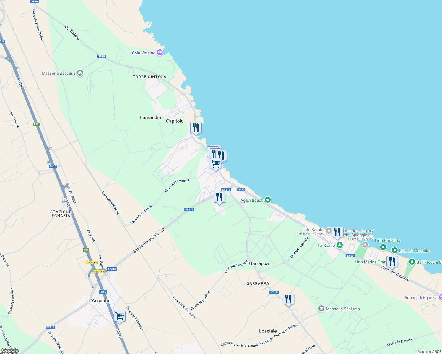 map of restaurants, bars, coffee shops, grocery stores, and more near 43B Contrada Capitolo in Capitolo