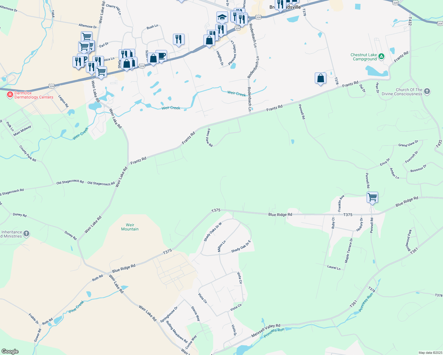 map of restaurants, bars, coffee shops, grocery stores, and more near 1557 Bush's Mountain Road in Saylorsburg
