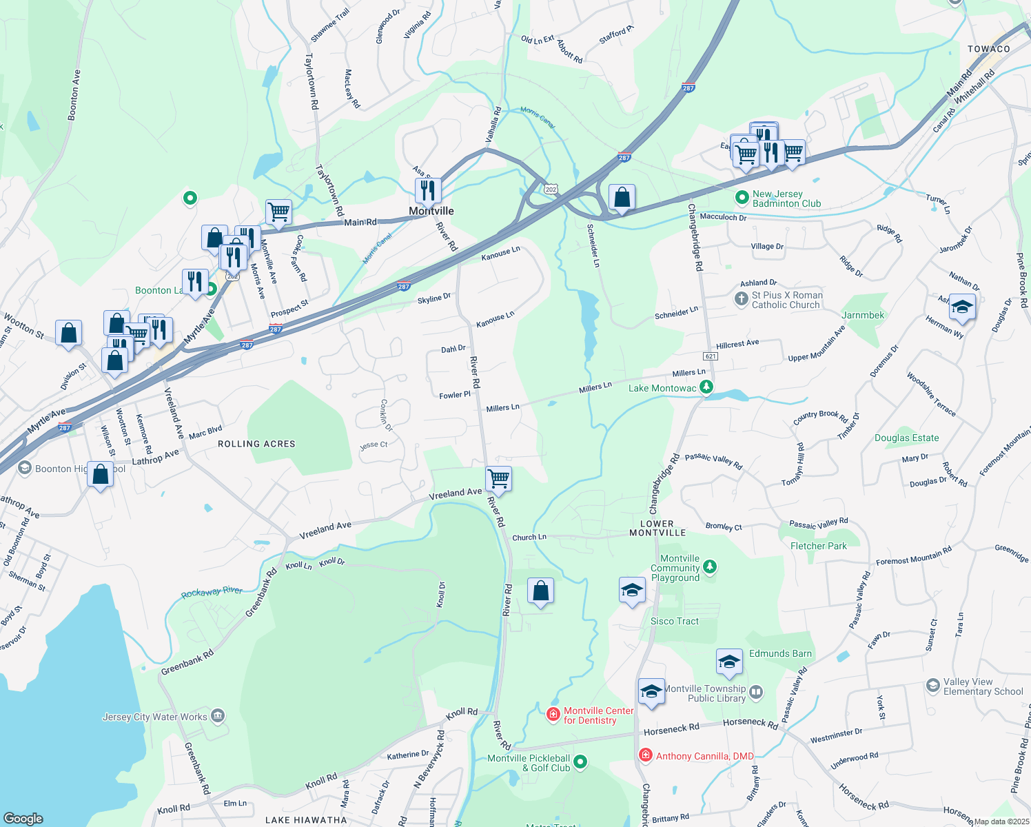 map of restaurants, bars, coffee shops, grocery stores, and more near 2 Starkey Place in Montville