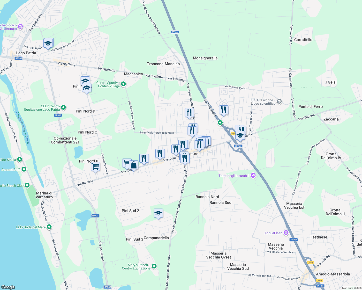 map of restaurants, bars, coffee shops, grocery stores, and more near 15 Primo Viale Parco della Noce in Varcaturo