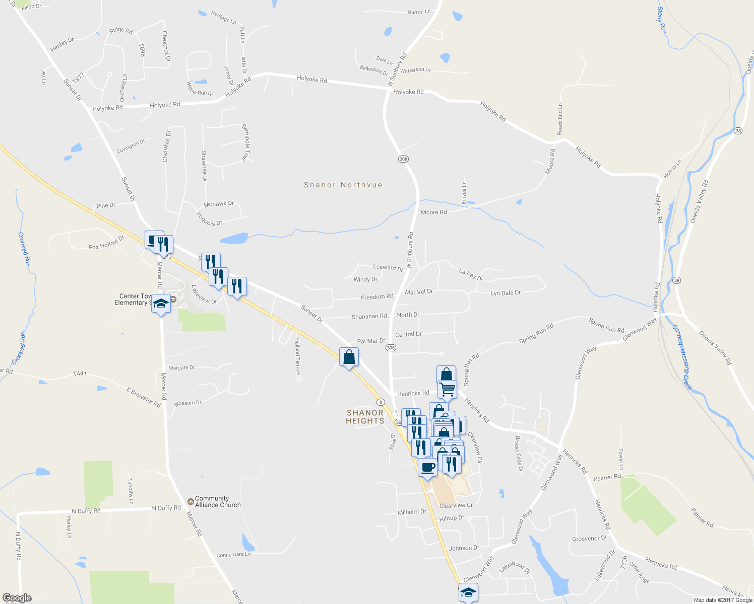 map of restaurants, bars, coffee shops, grocery stores, and more near 105 Freedom Road in Butler
