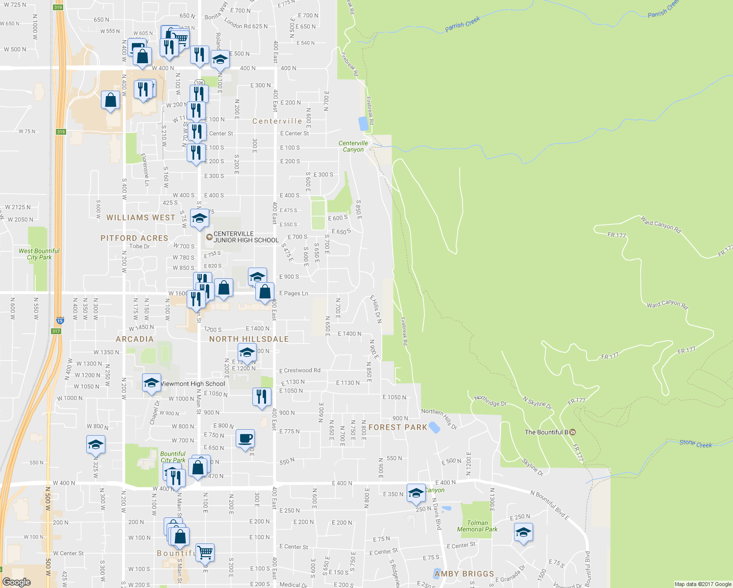map of restaurants, bars, coffee shops, grocery stores, and more near 942 Ridgeline Circle in Centerville