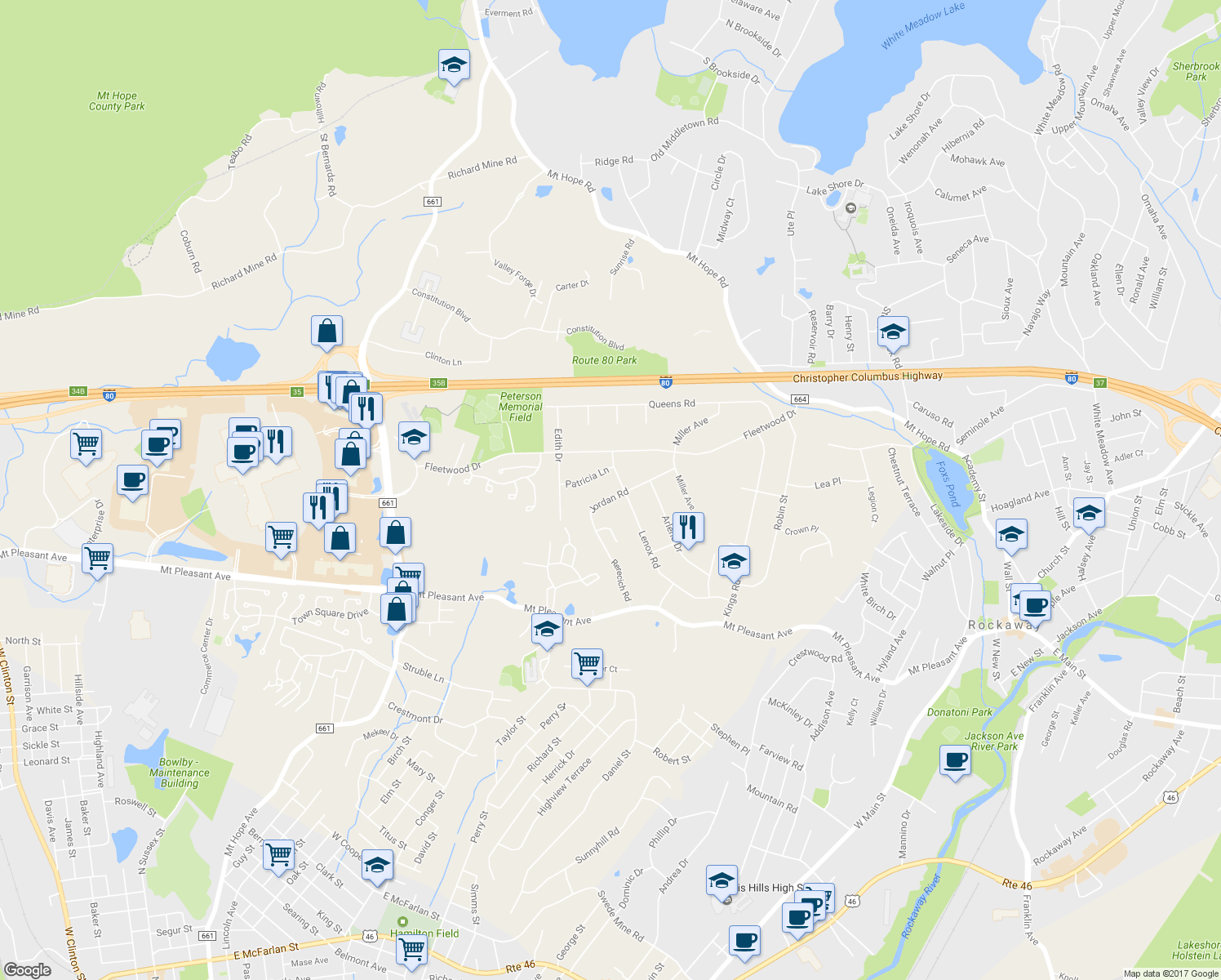 map of restaurants, bars, coffee shops, grocery stores, and more near 108 Jordan Rd in Rockaway