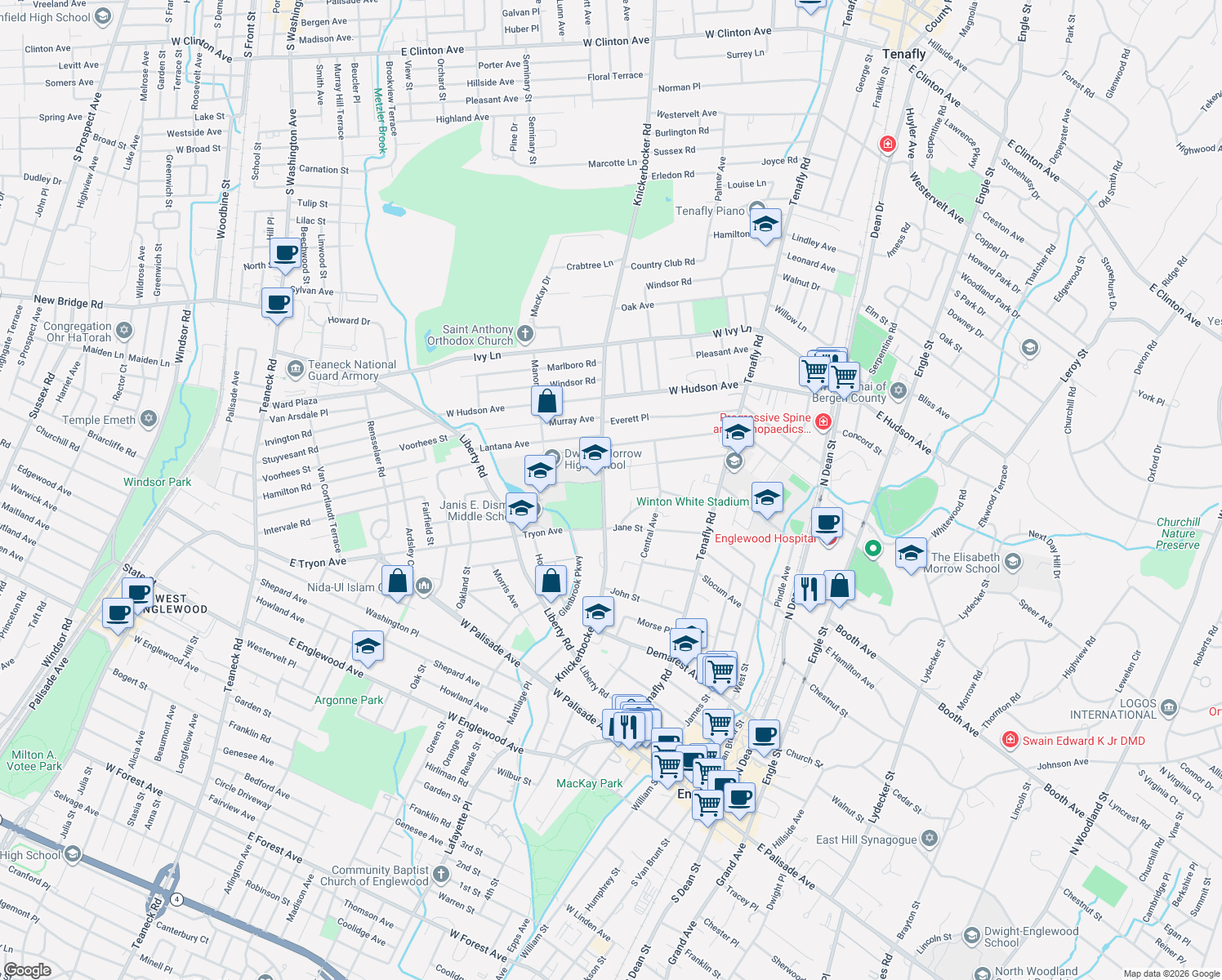 map of restaurants, bars, coffee shops, grocery stores, and more near 249 Knickerbocker Road in Englewood