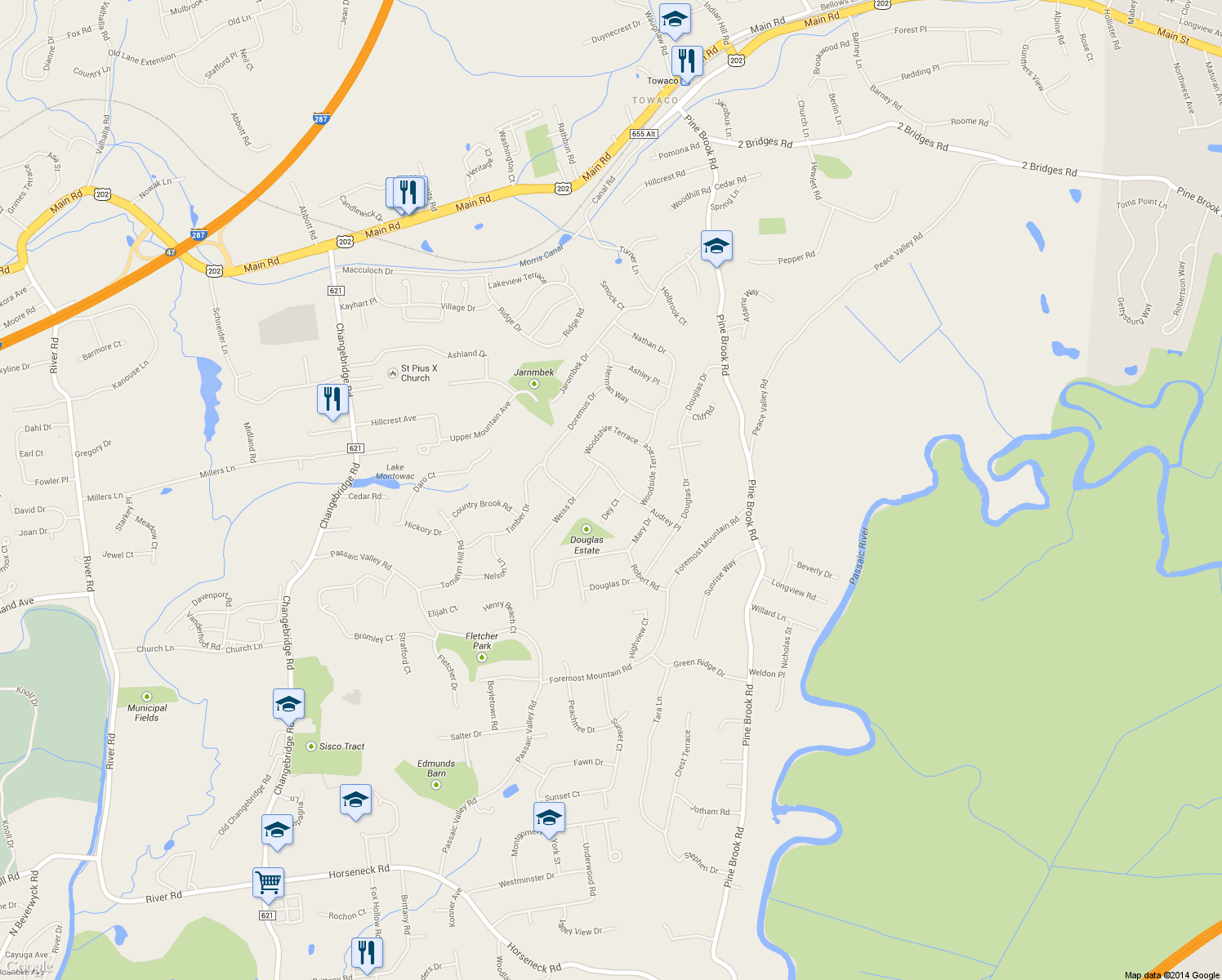 map of restaurants, bars, coffee shops, grocery stores, and more near 2 Dey Court in Montville