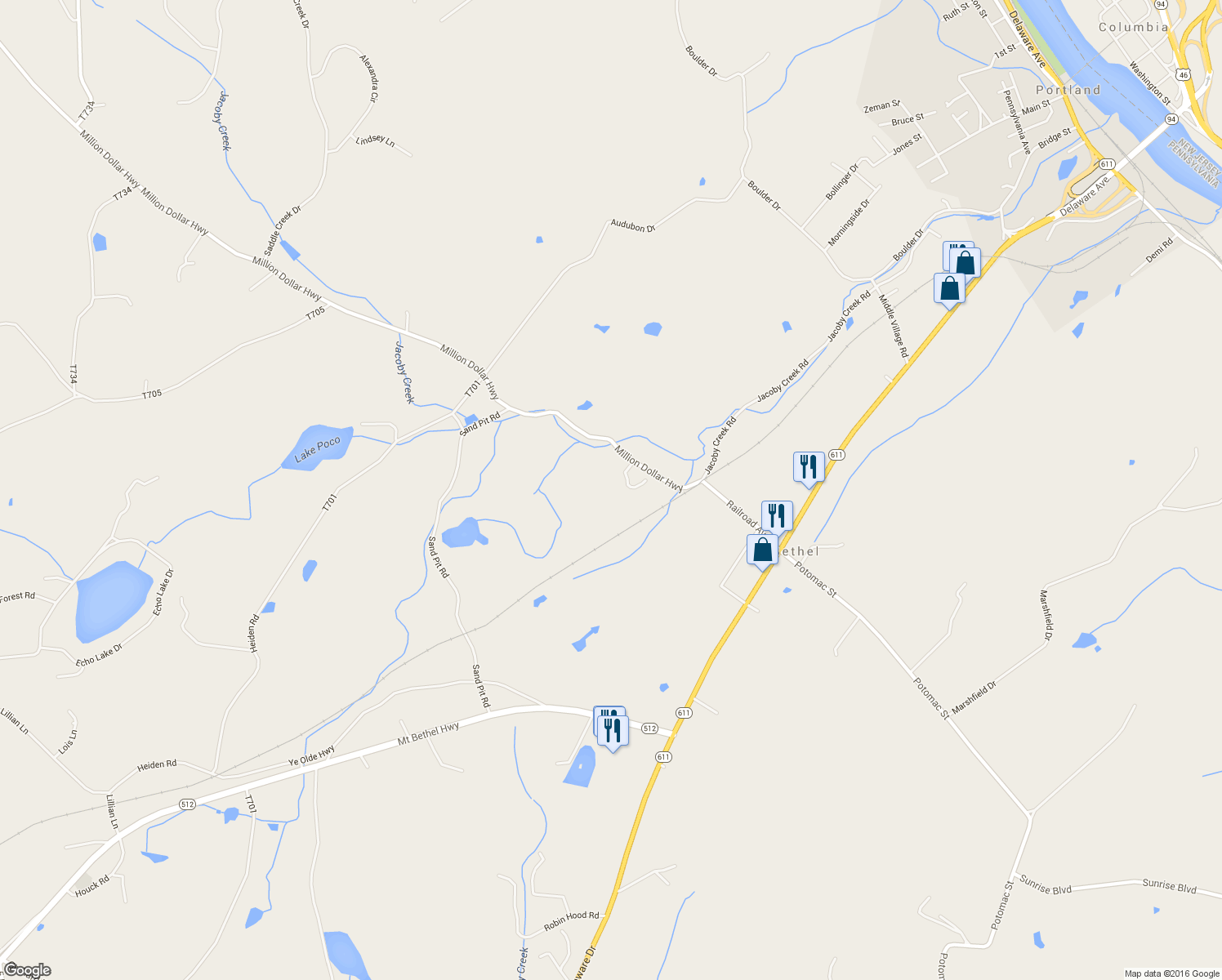 map of restaurants, bars, coffee shops, grocery stores, and more near 52 Million Dollar Highway in Mount Bethel
