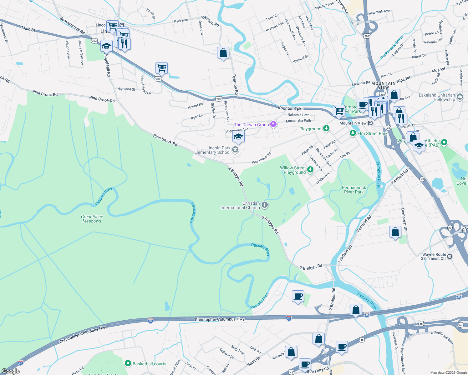 map of restaurants, bars, coffee shops, grocery stores, and more near 62 2 Bridges Road in Lincoln Park