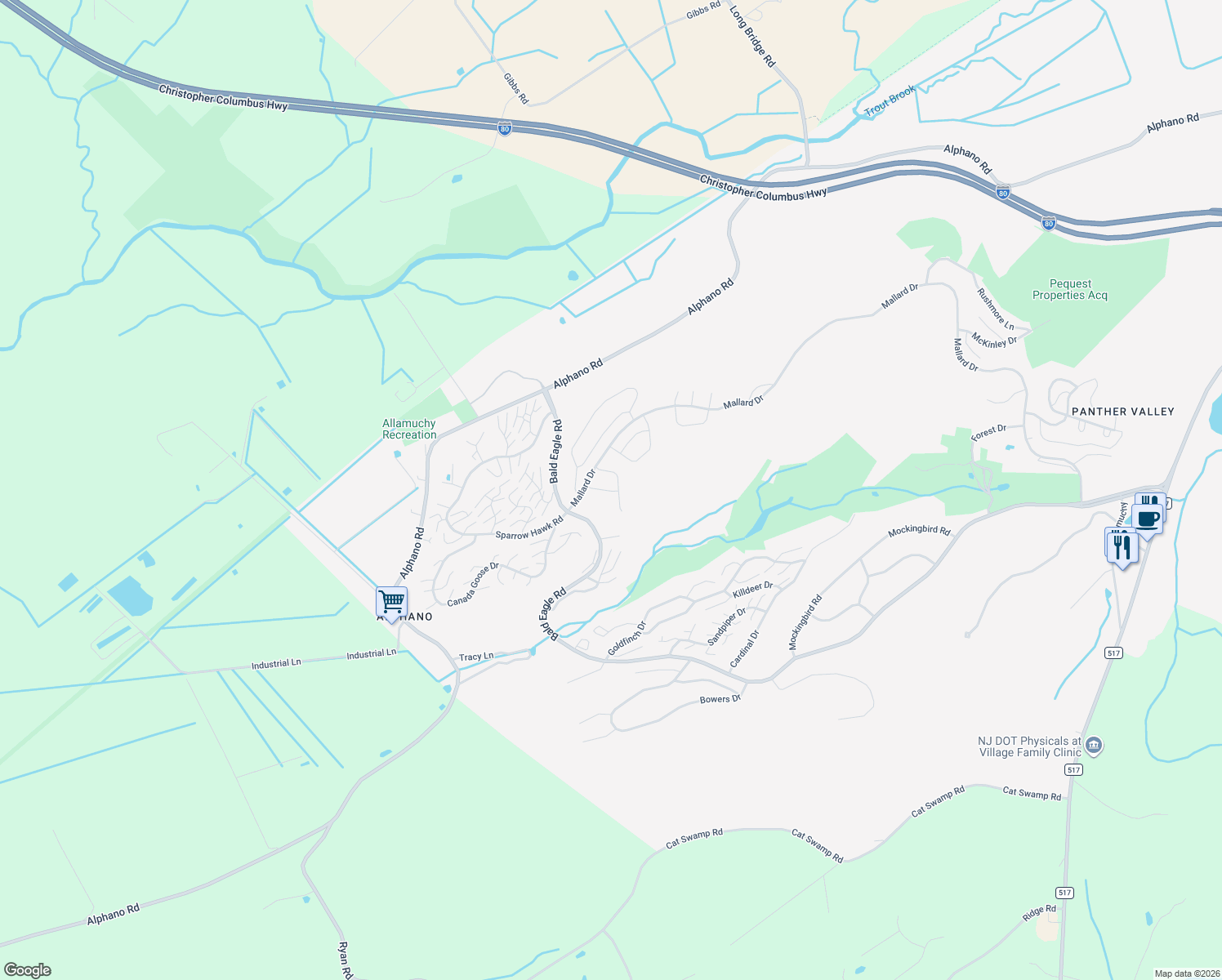 map of restaurants, bars, coffee shops, grocery stores, and more near 17 Wild Iris Lane in Hackettstown
