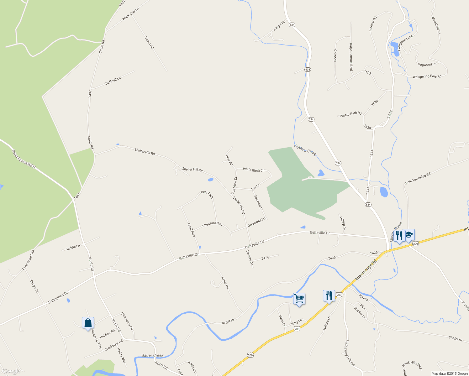 map of restaurants, bars, coffee shops, grocery stores, and more near Golf View Drive in Kunkletown