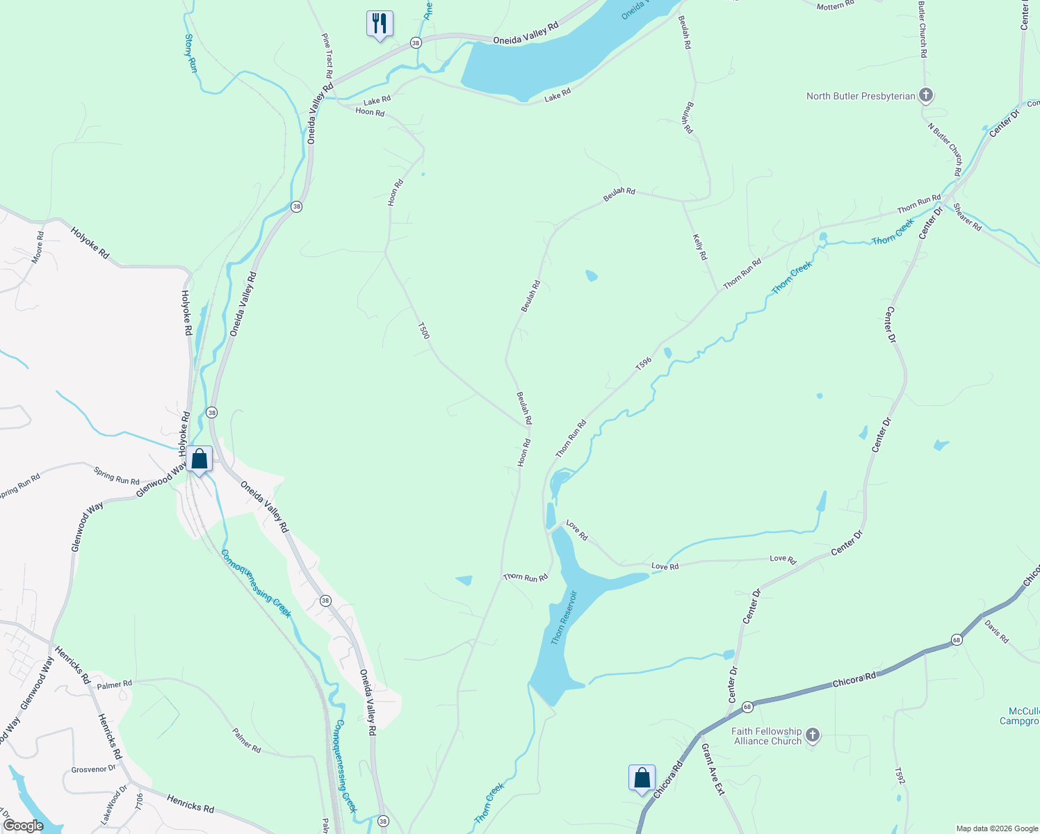 map of restaurants, bars, coffee shops, grocery stores, and more near 101 Beulah Road in Butler