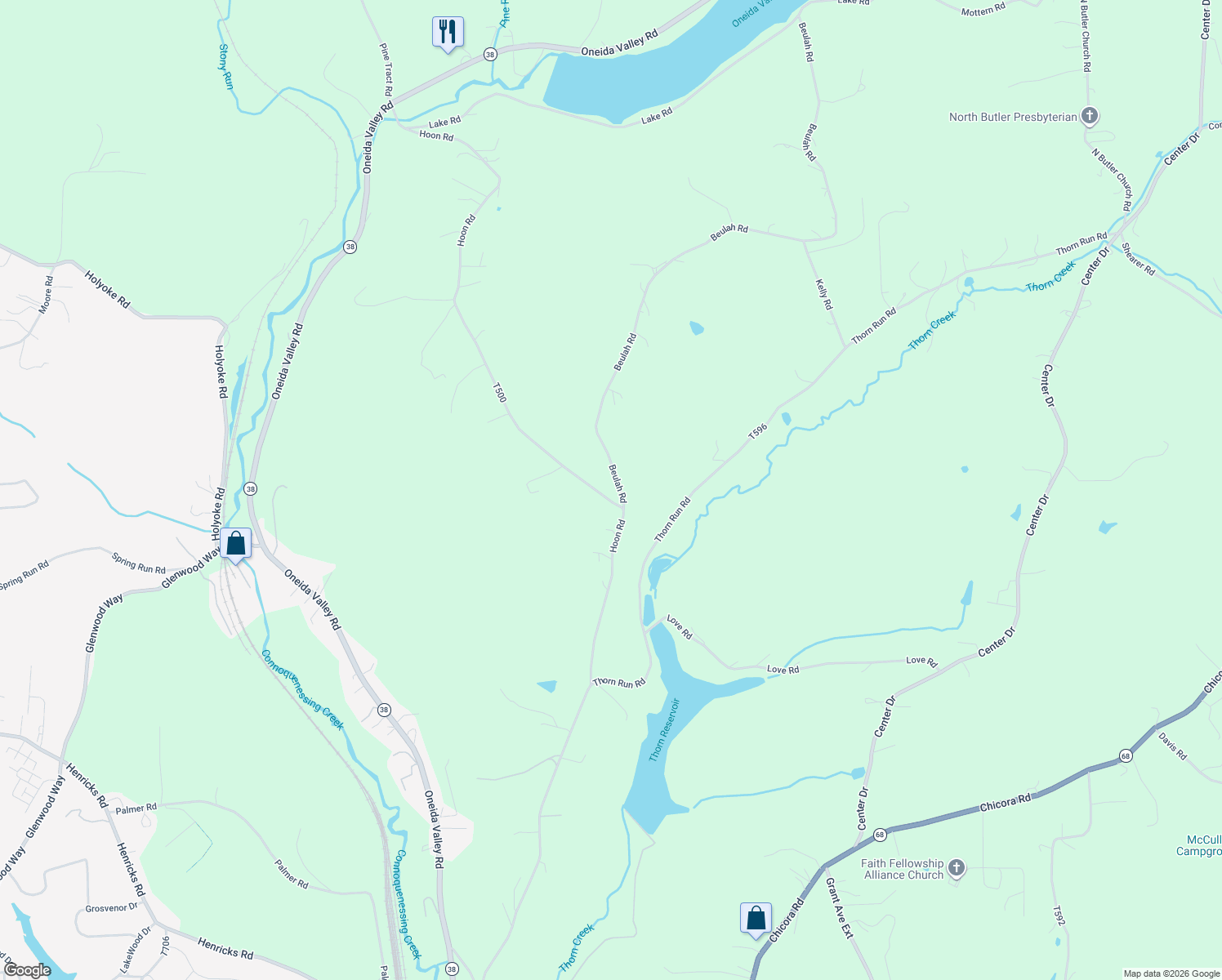 map of restaurants, bars, coffee shops, grocery stores, and more near 101 Beulah Road in Butler